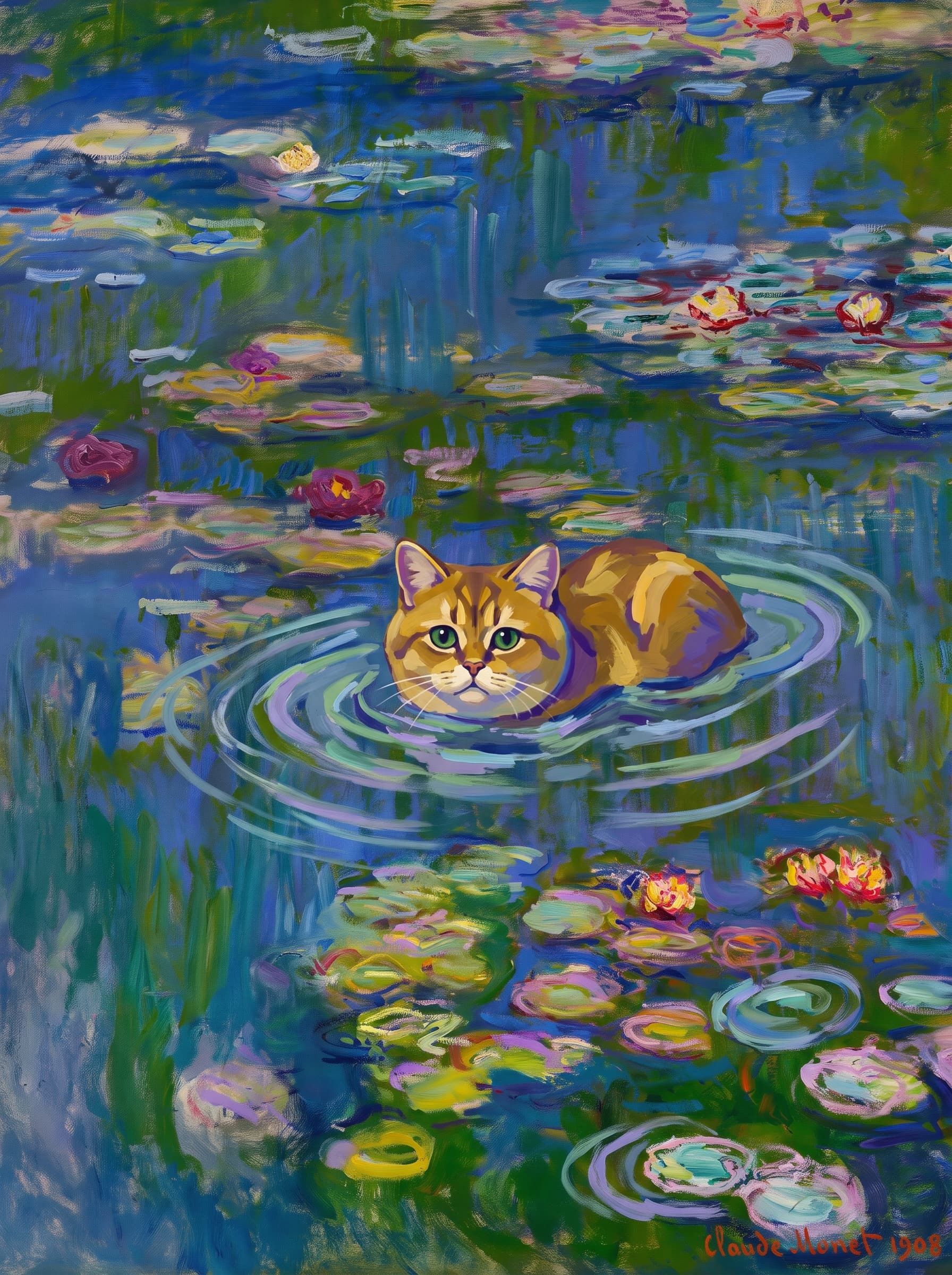 The pet should appear naturally integrated into the middle of the pond, swimming calmly through the water with only its head, upper neck, and a subtle suggestion of its back visible above the surface.
      The pet should be facing forward and looking directly at the viewer. Its wet fur should be suggested through painterly strokes.
      Blend the pet into the scene using Monet-like impressionist oil painting techniques: visible layered brushstrokes, soft broken color, blue-green reflections, violet shadows, golden-orange highlights, and shimmering ripples around the pet. 
      The water should partially obscure the pet’s body, with delicate circular ripples spreading outward. Nearby lily pads and water lilies should remain undisturbed but subtly interact with the ripples.
      The pet must feel like it was originally painted into the artwork, not pasted on top. Match the atmospheric softness, painterly texture, scale, perspective, and color harmony of the original Water Lilies painting. 
      Avoid photorealism, sharp outlines, modern digital effects, or excessive detail. The final image should look like a whimsical impressionist oil painting in the spirit of late Monet, with the pet quietly swimming among the lily pads at the center of the pond.
      Art Style: Paint in Fauvism, post-impressionism style. Use simplified shapes, exaggerates color, and flattens perspective to create charm and personality.
Use saturated, non-naturalistic colors and flattened perspective reminiscent of Henri Matisse.
The brushwork is loose, visible, and painterly, with uneven strokes that give the surface texture and movement.
Paint with large areas of flat color patches, simplified shapes, bold decorative outlines, and minimal blending.
The composition is flattened and slightly distorted, with compressed perspective.
The painting is expressive, utilizing thick, confident strokes and quick, rhythmic marks that prioritize texture and visual energy over realistic blending or depth.