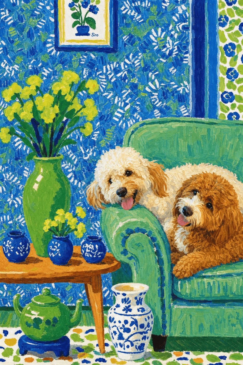 A pet lazy lying on the couch, with head tilt on the edge of couch, eye looking at the the vase. paint in post-impressionism style. Use saturated, non-naturalistic colors and flattened perspective reminiscent of Henri Matisse. painterly and expressive, utilizing thick, confident strokes and quick, rhythmic marks that prioritize texture and visual energy over realistic blending or depth.