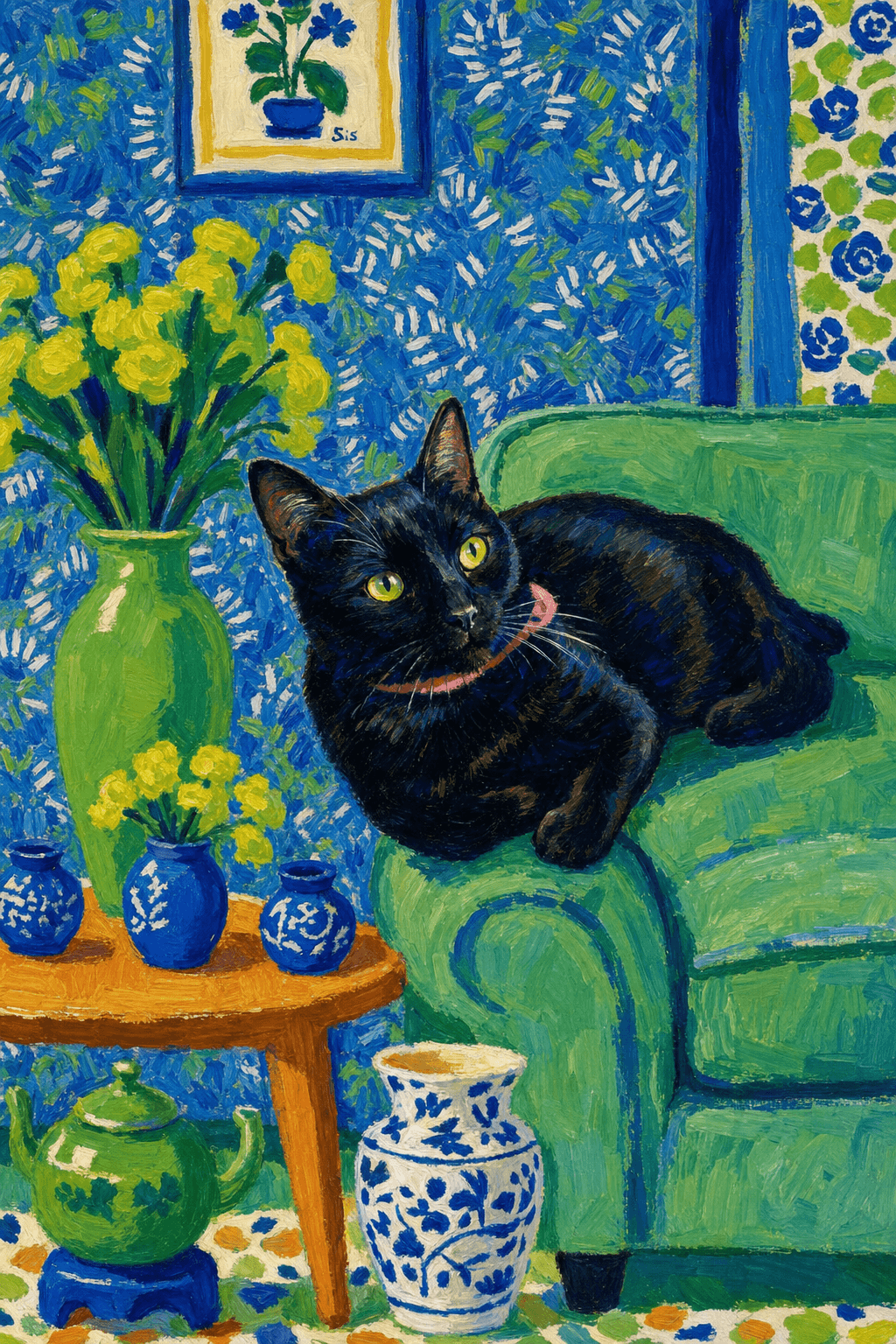 A pet lazy lying on the couch, with head tilt on the edge of couch, eye looking at the the vase. paint in post-impressionism style. Use saturated, non-naturalistic colors and flattened perspective reminiscent of Henri Matisse. painterly and expressive, utilizing thick, confident strokes and quick, rhythmic marks that prioritize texture and visual energy over realistic blending or depth.