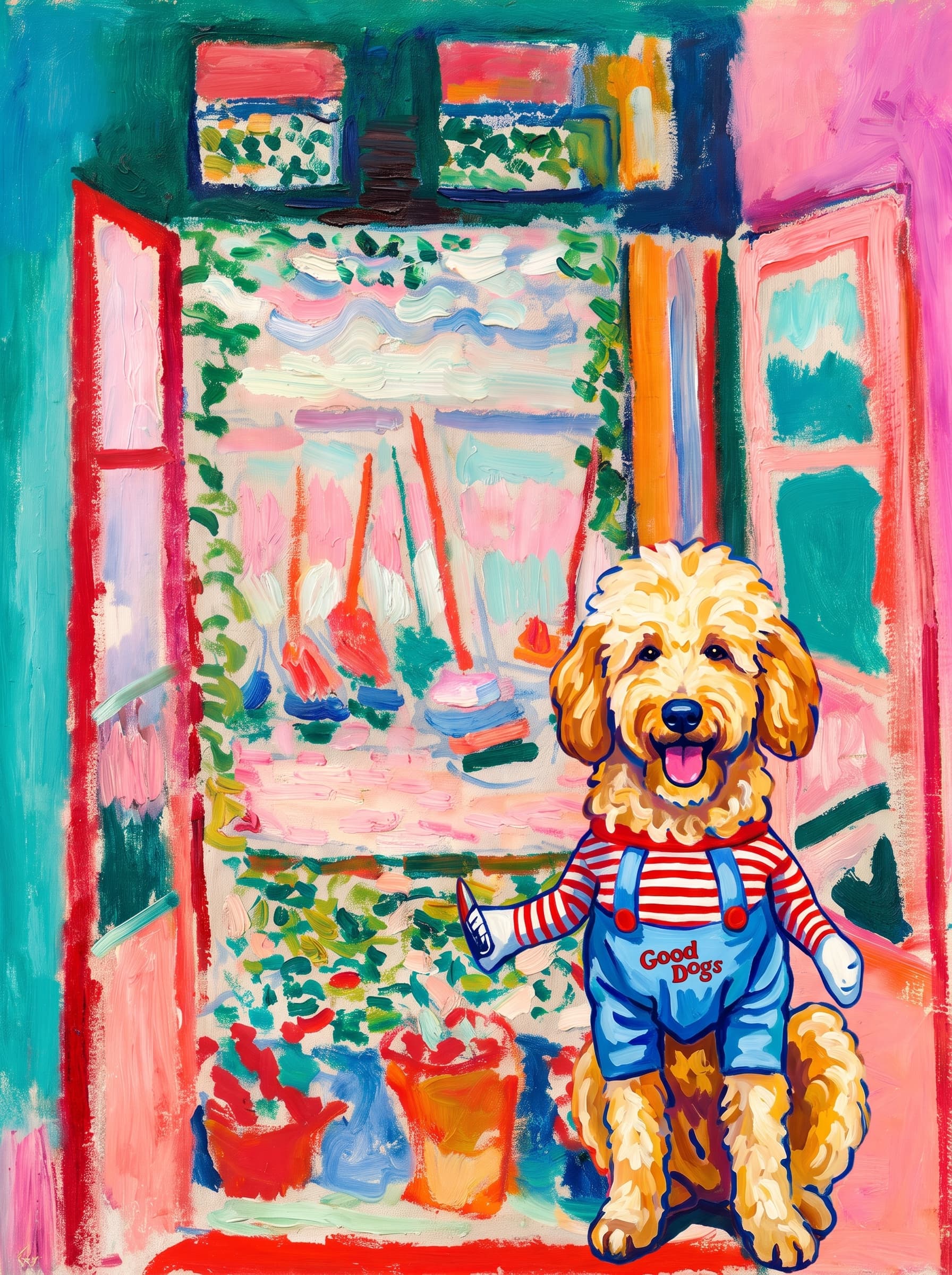 A pet sitting on the right bottom frame of an open door, with its back to the opening while facing the room, looking at the viewer, slight leaning on the right-side door panel. Art Style: Paint in Fauvism, post-impressionism style. Use simplified shapes, exaggerates color, and flattens perspective to create charm and personality.
Use saturated, non-naturalistic colors and flattened perspective reminiscent of Henri Matisse.
The brushwork is loose, visible, and painterly, with uneven strokes that give the surface texture and movement.
Paint with large areas of flat color patches, simplified shapes, bold decorative outlines, and minimal blending.
The composition is flattened and slightly distorted, with compressed perspective.
The painting is expressive, utilizing thick, confident strokes and quick, rhythmic marks that prioritize texture and visual energy over realistic blending or depth.