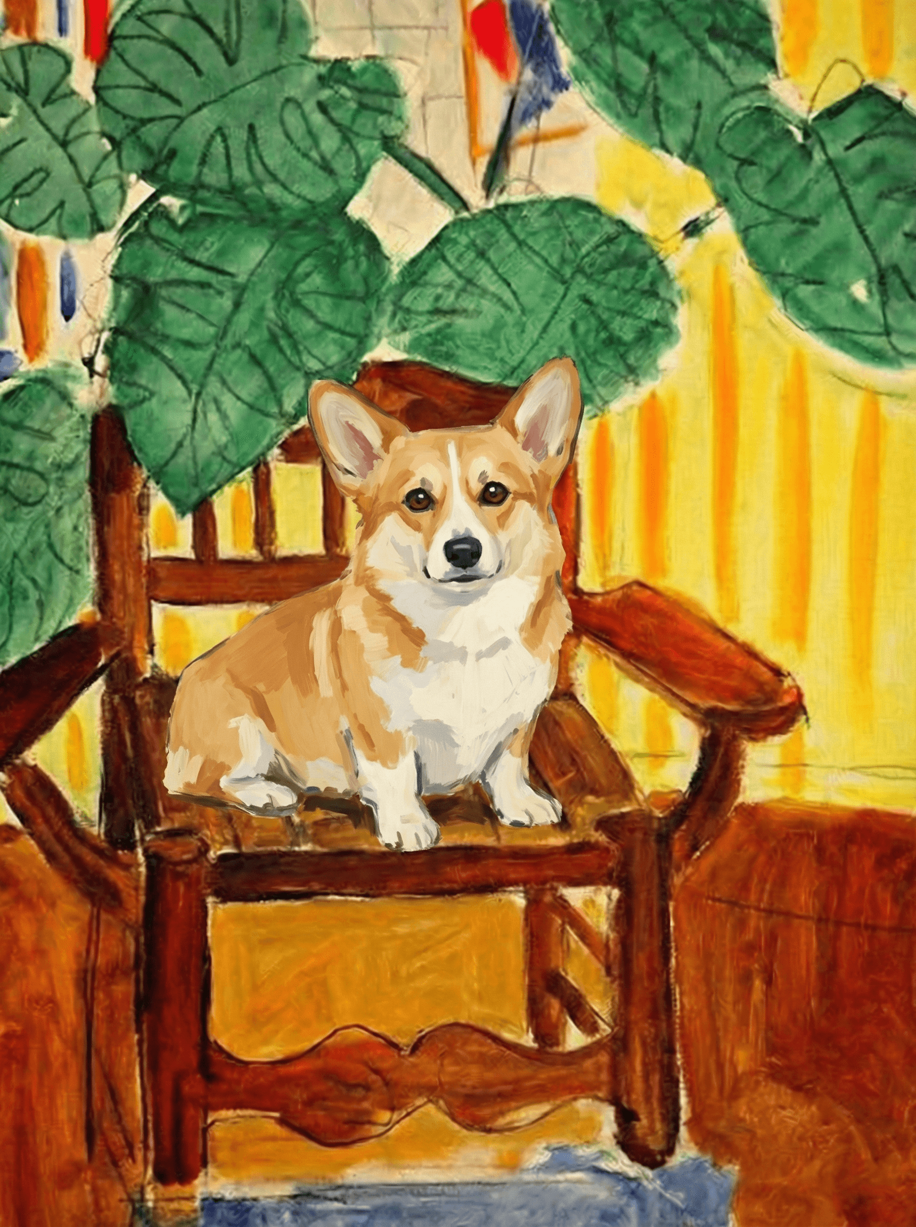 A pet sitting on a brown chair, looking at the viewer. Colors are applied with minimal blending, creating a flat, illustrative feel. The brushwork is broad, rapid, and direct. Strokes are loose, visible, applied thinly, defining the forms quickly without building up significant physical texture or impasto on the surface.