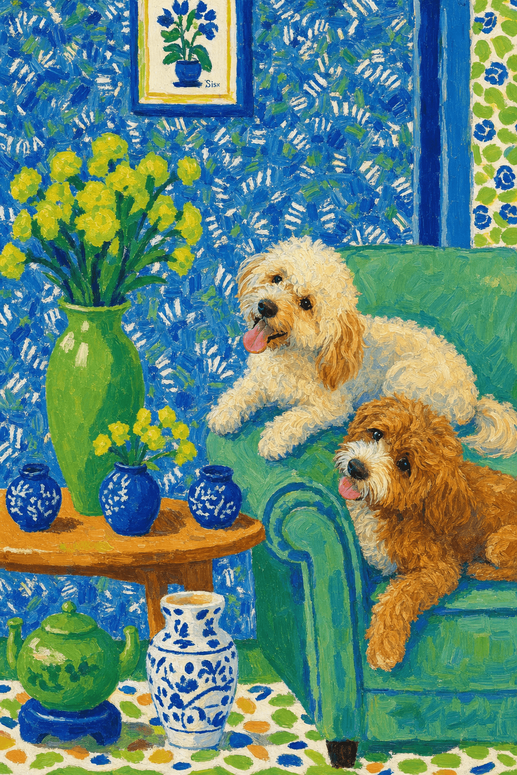 A pet lazy lying on the couch, with head tilt on the edge of couch, eye looking at the the vase. paint in post-impressionism style. Use saturated, non-naturalistic colors and flattened perspective reminiscent of Henri Matisse. painterly and expressive, utilizing thick, confident strokes and quick, rhythmic marks that prioritize texture and visual energy over realistic blending or depth.