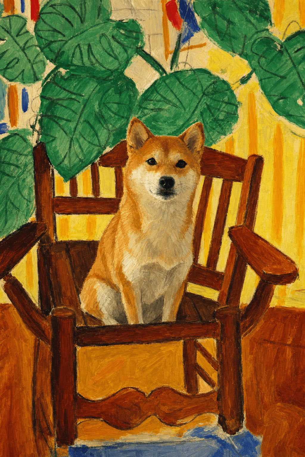 A pet sitting on a brown chair, looking at the viewer. Colors are applied with minimal blending, creating a flat, illustrative feel. The brushwork is broad, rapid, and direct. Strokes are loose, visible, applied thinly, defining the forms quickly without building up significant physical texture or impasto on the surface.