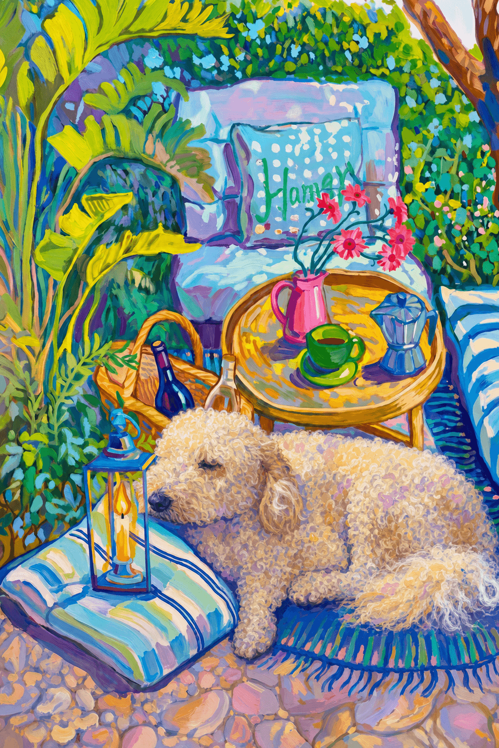 a cozy garden patio filled with lush tropical greenery, blue-and-white striped cushions, a round rattan table, picnic basket, lantern, books, flowers.
The pet is lazily resting in the foreground, almost fall asleep with a relaxed and content expression.
The composition feels intimate and inviting, with foliage and a tree trunk framing the scene, the circular table anchoring the center, and expressive brushwork plus dappled light creating a lively, relaxed outdoor atmosphere.
Art Style: Paint in Fauvism, post-impressionism style. Use simplified shapes, exaggerates color, and flattens perspective to create charm and personality.
Use saturated, non-naturalistic colors and flattened perspective reminiscent of Henri Matisse.
The brushwork is loose, visible, and painterly, with uneven strokes that give the surface texture and movement.
Paint with large areas of flat color patches, simplified shapes, bold decorative outlines, and minimal blending.
The composition is flattened and slightly distorted, with compressed perspective.
The painting is expressive, utilizing thick, confident strokes and quick, rhythmic marks that prioritize texture and visual energy over realistic blending or depth.