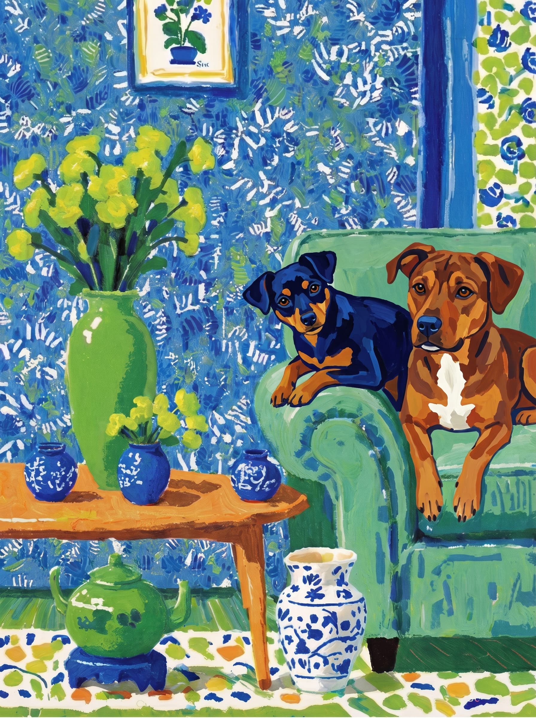 A pet lazy lying on the couch, with head tilt on the edge of couch, eye looking at the the vase. Art Style: Paint in Fauvism, post-impressionism style. Use simplified shapes, exaggerates color, and flattens perspective to create charm and personality.
Use saturated, non-naturalistic colors and flattened perspective reminiscent of Henri Matisse.
The brushwork is loose, visible, and painterly, with uneven strokes that give the surface texture and movement.
Paint with large areas of flat color patches, simplified shapes, bold decorative outlines, and minimal blending.
The composition is flattened and slightly distorted, with compressed perspective.
The painting is expressive, utilizing thick, confident strokes and quick, rhythmic marks that prioritize texture and visual energy over realistic blending or depth.
