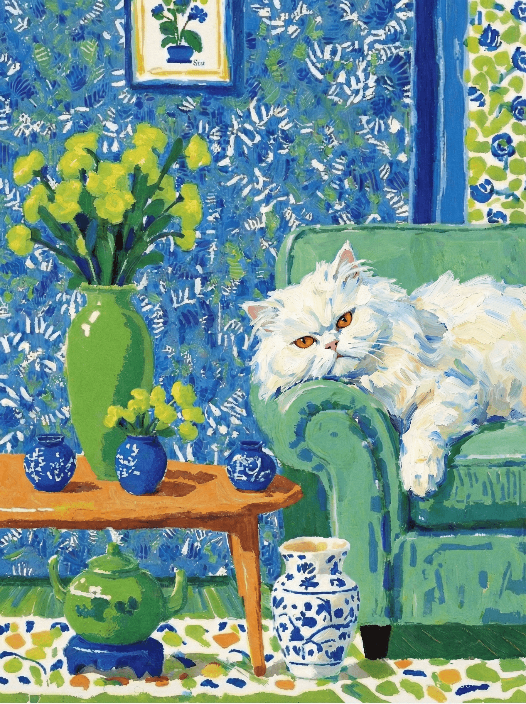 A pet lazy lying on the couch, with head tilt on the edge of couch, eye looking at the the vase. paint in post-impressionism style. Use saturated, non-naturalistic colors and flattened perspective reminiscent of Henri Matisse. painterly and expressive, utilizing thick, confident strokes and quick, rhythmic marks that prioritize texture and visual energy over realistic blending or depth.