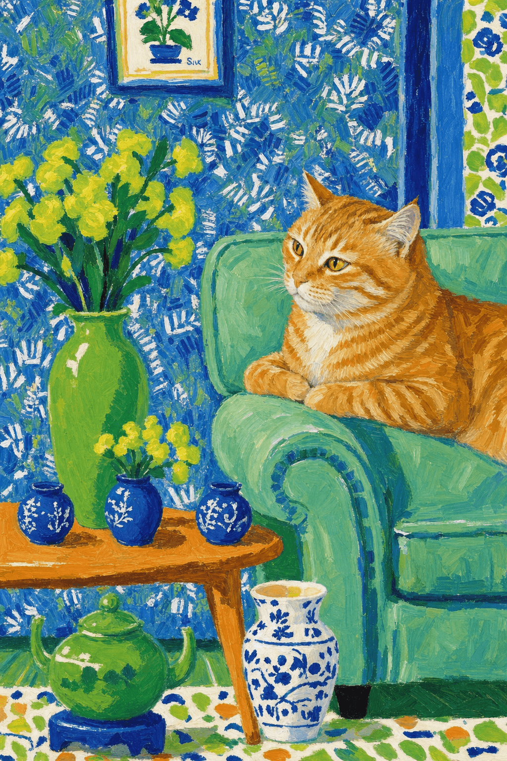A pet lazy lying on the couch, with head tilt on the edge of couch, eye looking at the the vase. paint in post-impressionism style. Use saturated, non-naturalistic colors and flattened perspective reminiscent of Henri Matisse. painterly and expressive, utilizing thick, confident strokes and quick, rhythmic marks that prioritize texture and visual energy over realistic blending or depth.