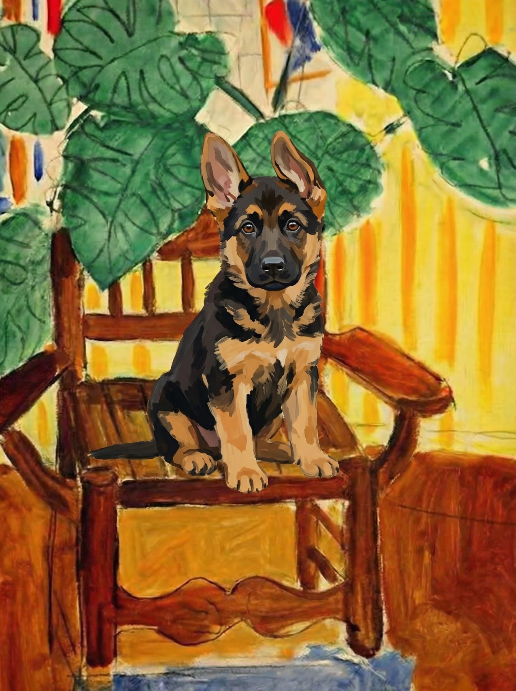A pet sitting on a brown chair, looking at the viewer. Colors are applied with minimal blending, creating a flat, illustrative feel. The brushwork is broad, rapid, and direct. Strokes are loose, visible, applied thinly, defining the forms quickly without building up significant physical texture or impasto on the surface.