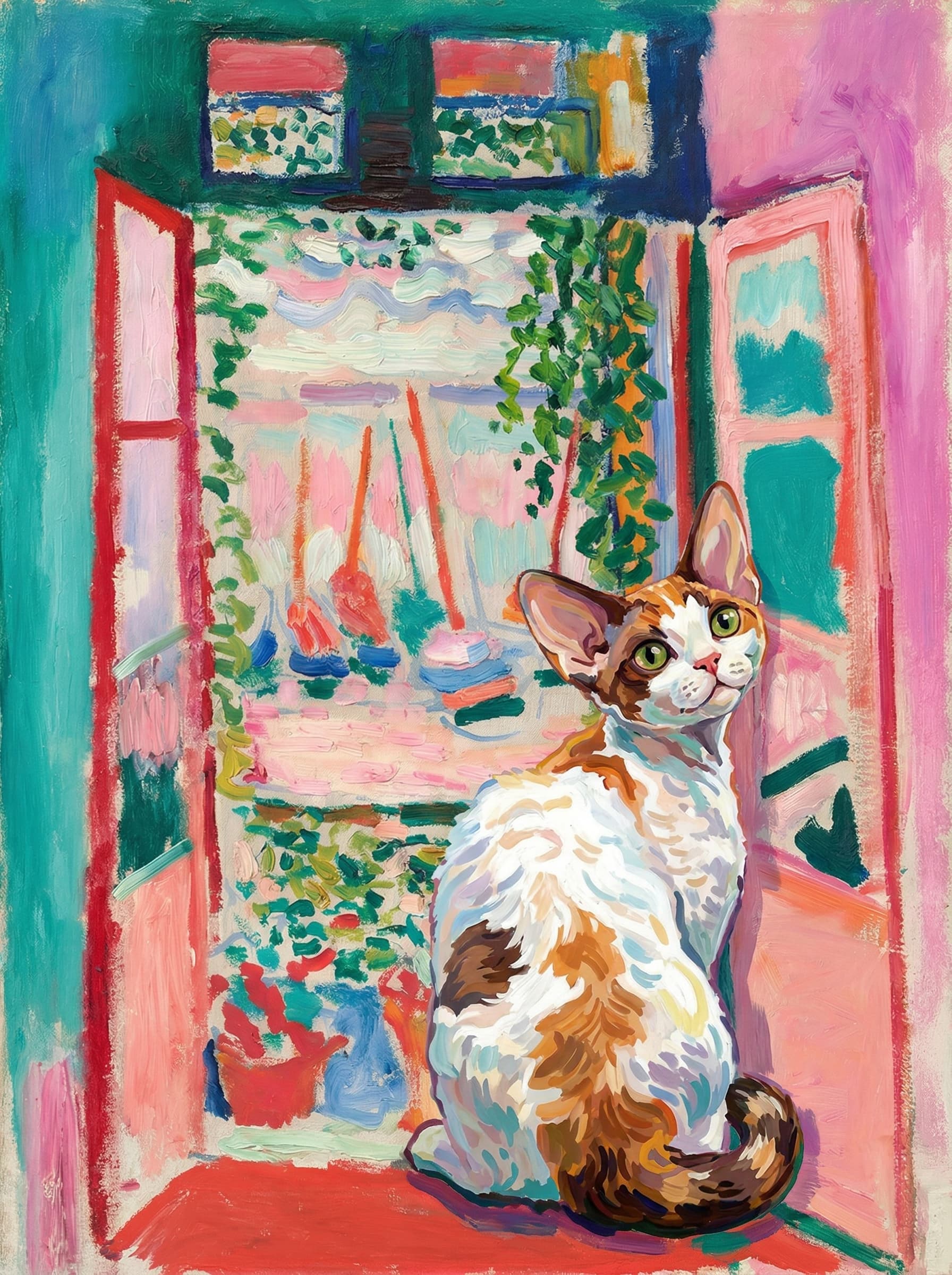 A pet sitting on the right bottom frame of an open door, with its back to the opening while facing the room, looking at the viewer, slight leaning on the right-side door panel. Paint in post-impressionism style. Use loosely painted, vibrantly colored, stylized, vertical painting.