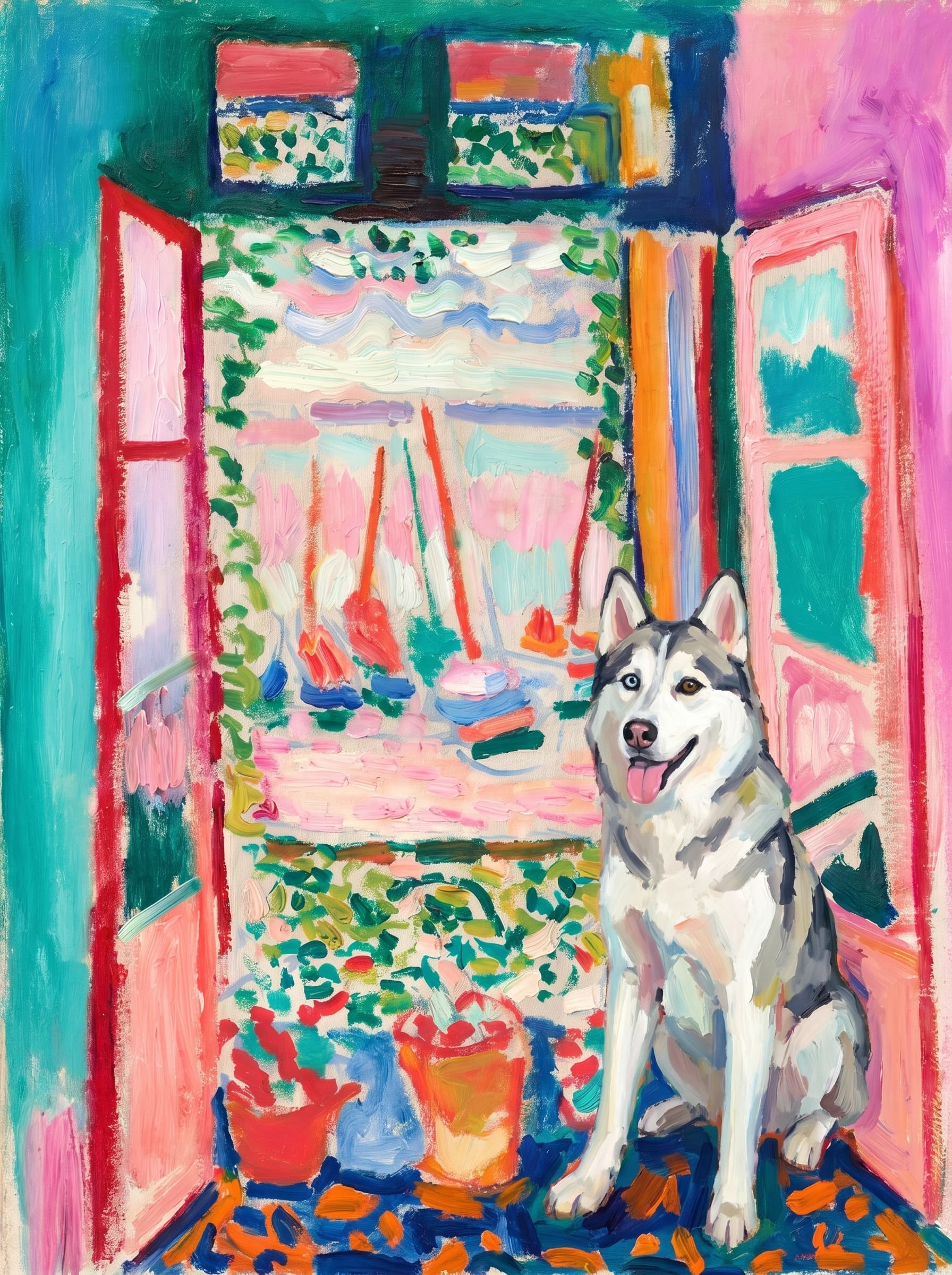 A pet sitting on the right bottom frame of an open door, with its back to the opening while facing the room, looking at the viewer, slight leaning on the right-side door panel. Paint in post-impressionism style. Use loosely painted, vibrantly colored, stylized, vertical painting.