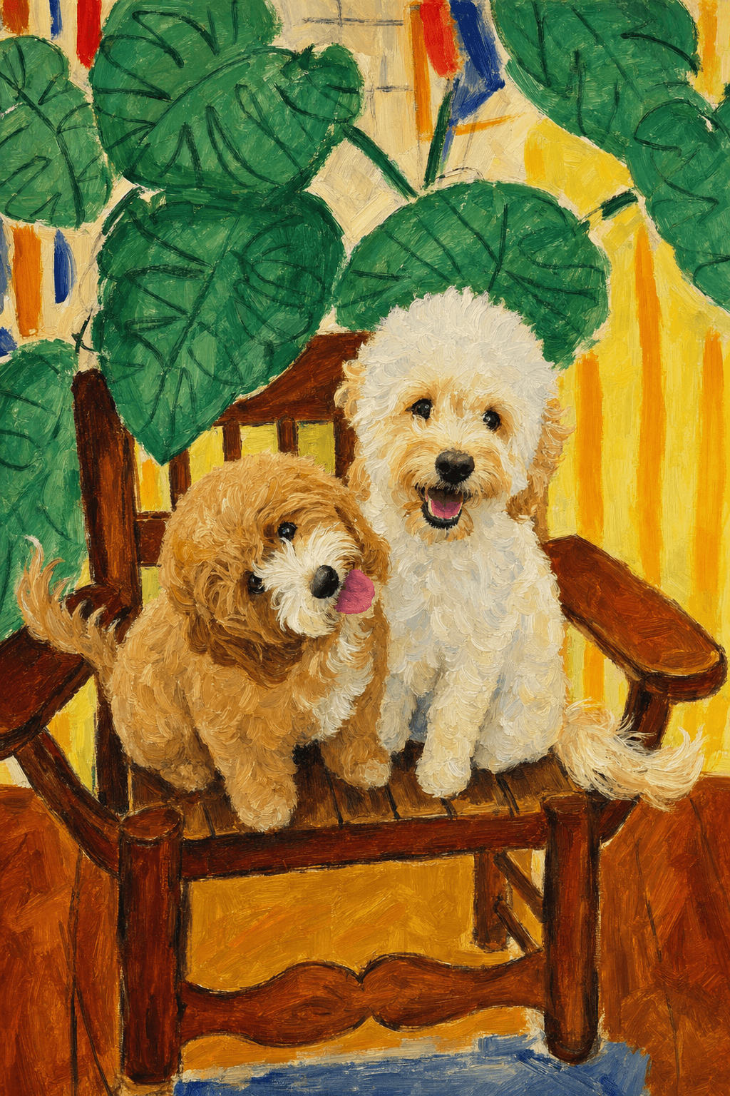 A pet sitting on a brown chair, looking at the viewer. Colors are applied with minimal blending, creating a flat, illustrative feel. The brushwork is broad, rapid, and direct. Strokes are loose, visible, applied thinly, defining the forms quickly without building up significant physical texture or impasto on the surface.