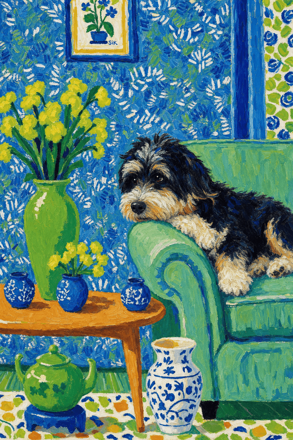 A pet lazy lying on the couch, with head tilt on the edge of couch, eye looking at the the vase. paint in post-impressionism style. Use saturated, non-naturalistic colors and flattened perspective reminiscent of Henri Matisse. painterly and expressive, utilizing thick, confident strokes and quick, rhythmic marks that prioritize texture and visual energy over realistic blending or depth.
