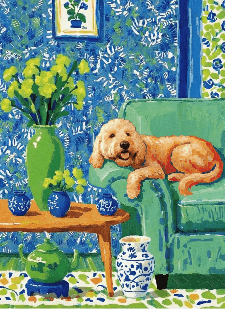 A pet lazy lying on the couch, with head tilt on the edge of couch, eye looking at the the vase. paint in post-impressionism style. Use saturated, non-naturalistic colors and flattened perspective reminiscent of Henri Matisse. painterly and expressive, utilizing thick, confident strokes and quick, rhythmic marks that prioritize texture and visual energy over realistic blending or depth.