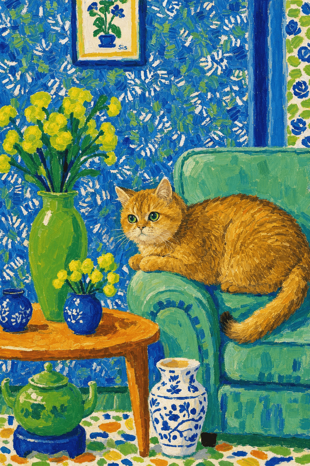 A pet lazy lying on the couch, with head tilt on the edge of couch, eye looking at the the vase. paint in post-impressionism style. Use saturated, non-naturalistic colors and flattened perspective reminiscent of Henri Matisse. painterly and expressive, utilizing thick, confident strokes and quick, rhythmic marks that prioritize texture and visual energy over realistic blending or depth.