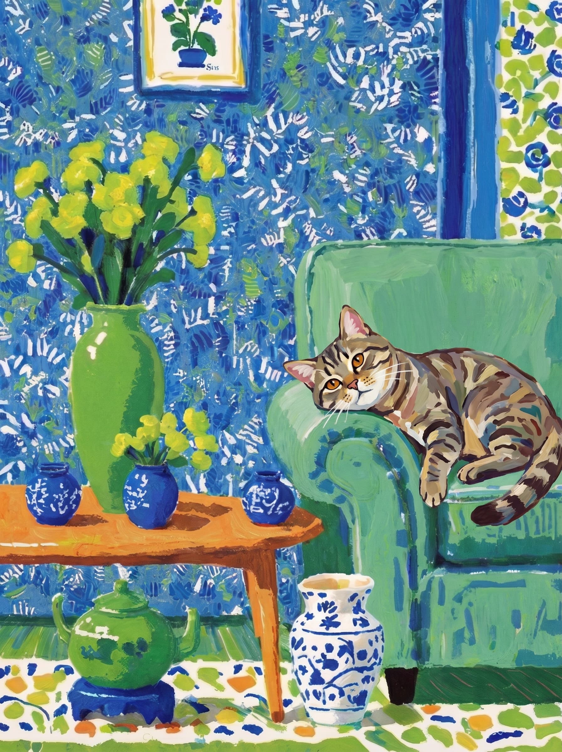 A pet lazy lying on the couch, with head tilt on the edge of couch, eye looking at the the vase. Art Style: Paint in Fauvism, post-impressionism style. Use simplified shapes, exaggerates color, and flattens perspective to create charm and personality.
Use saturated, non-naturalistic colors and flattened perspective reminiscent of Henri Matisse.
The brushwork is loose, visible, and painterly, with uneven strokes that give the surface texture and movement.
Paint with large areas of flat color patches, simplified shapes, bold decorative outlines, and minimal blending.
The composition is flattened and slightly distorted, with compressed perspective.
The painting is expressive, utilizing thick, confident strokes and quick, rhythmic marks that prioritize texture and visual energy over realistic blending or depth.