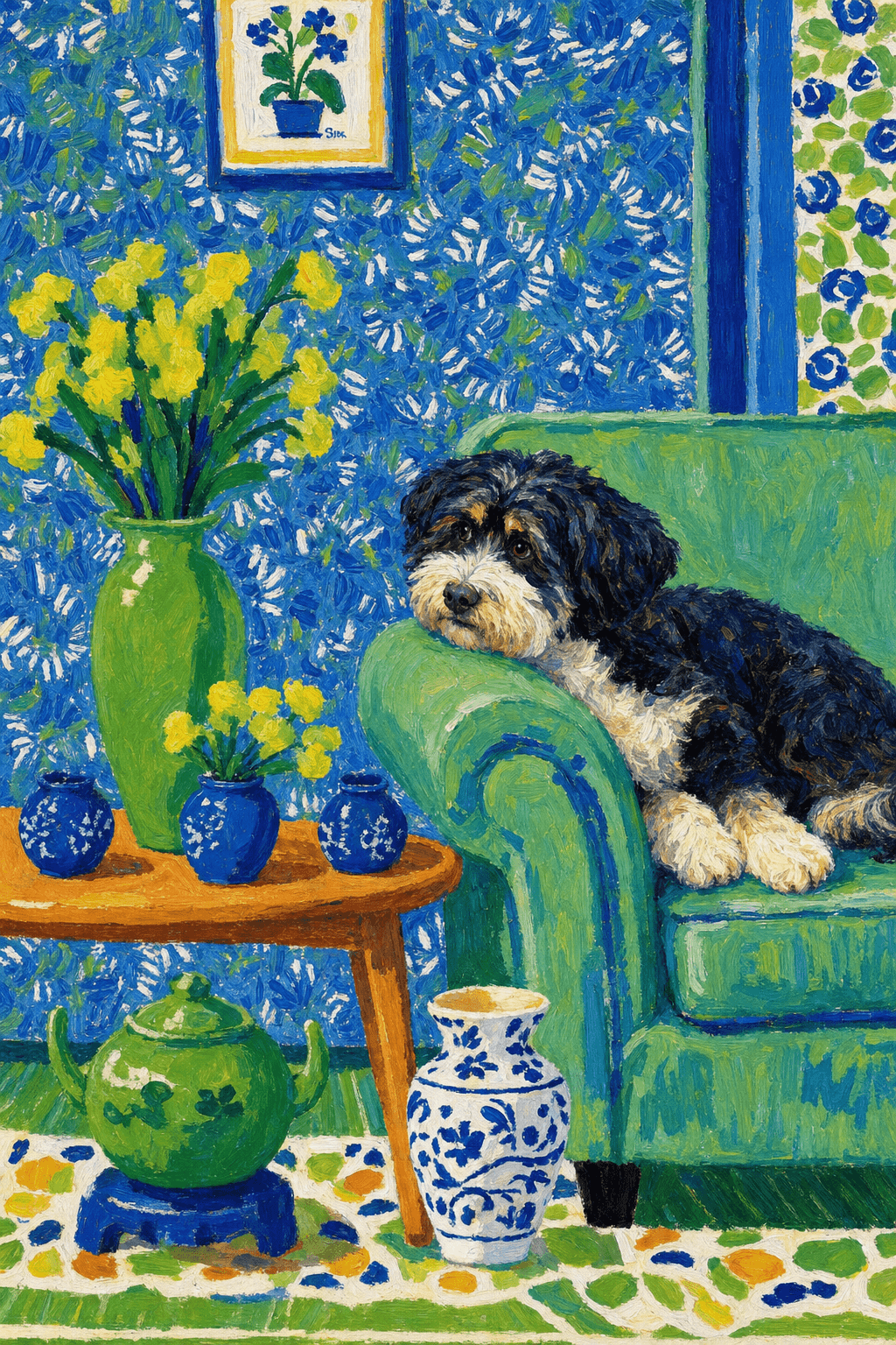 A pet lazy lying on the couch, with head tilt on the edge of couch, eye looking at the the vase. paint in post-impressionism style. Use saturated, non-naturalistic colors and flattened perspective reminiscent of Henri Matisse. painterly and expressive, utilizing thick, confident strokes and quick, rhythmic marks that prioritize texture and visual energy over realistic blending or depth.