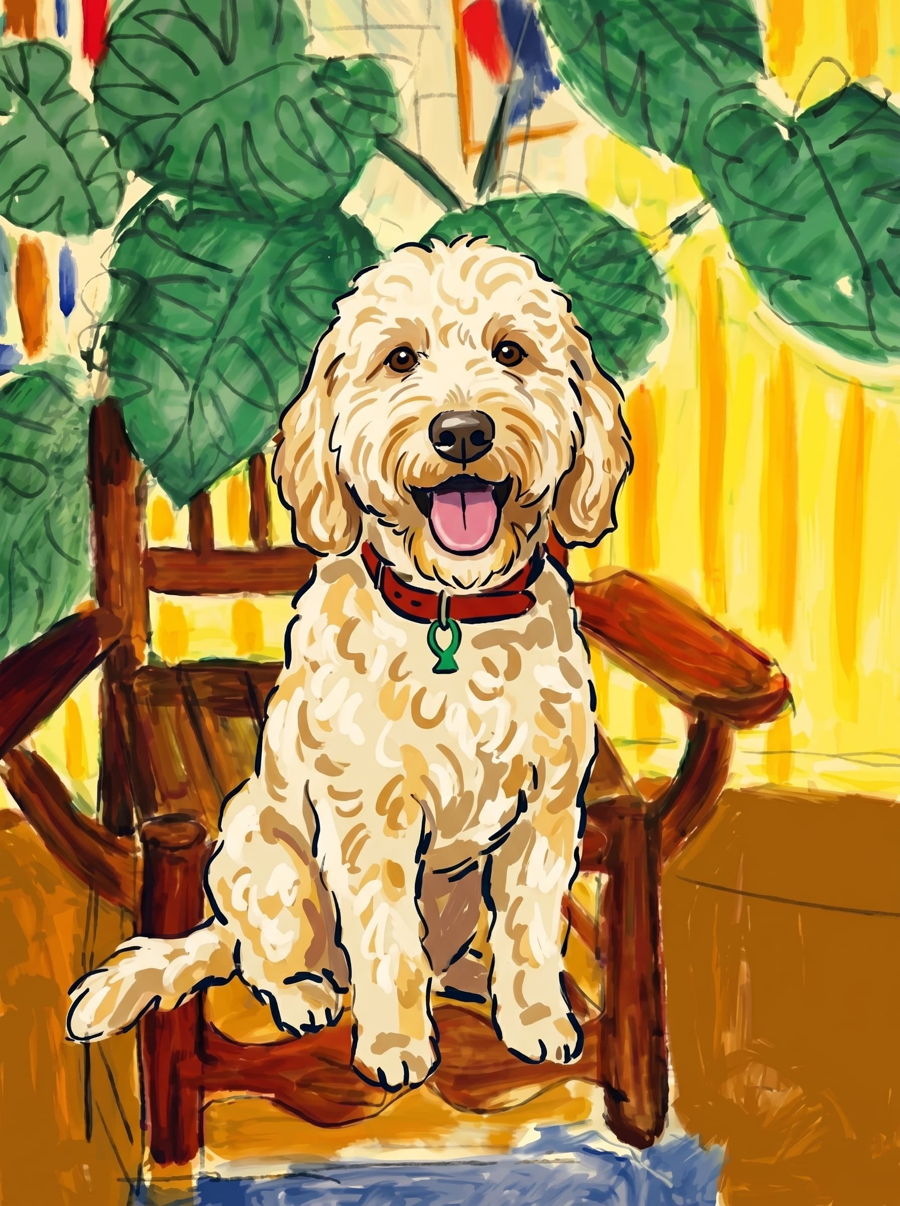 A pet sitting on a brown chair, looking at the viewer. Colors are applied with minimal blending, creating a flat, illustrative feel. The brushwork is broad, rapid, and direct. Strokes are loose, visible, applied thinly, defining the forms quickly without building up significant physical texture or impasto on the surface.