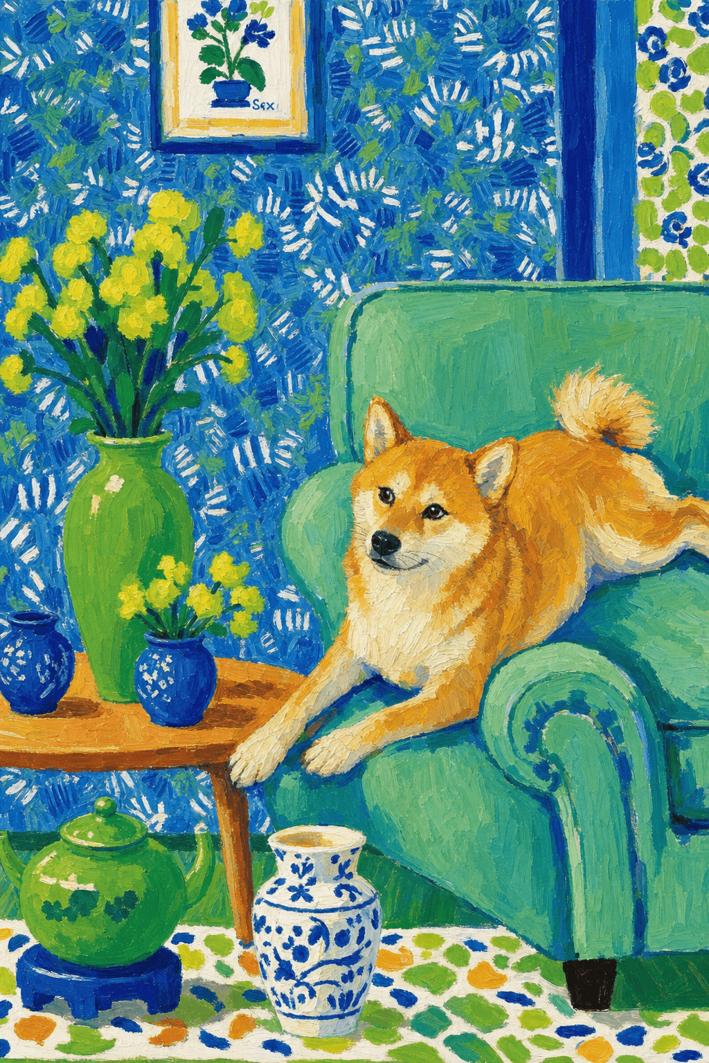 A pet lazy lying on the couch, with head tilt on the edge of couch, eye looking at the the vase. paint in post-impressionism style. Use saturated, non-naturalistic colors and flattened perspective reminiscent of Henri Matisse. painterly and expressive, utilizing thick, confident strokes and quick, rhythmic marks that prioritize texture and visual energy over realistic blending or depth.