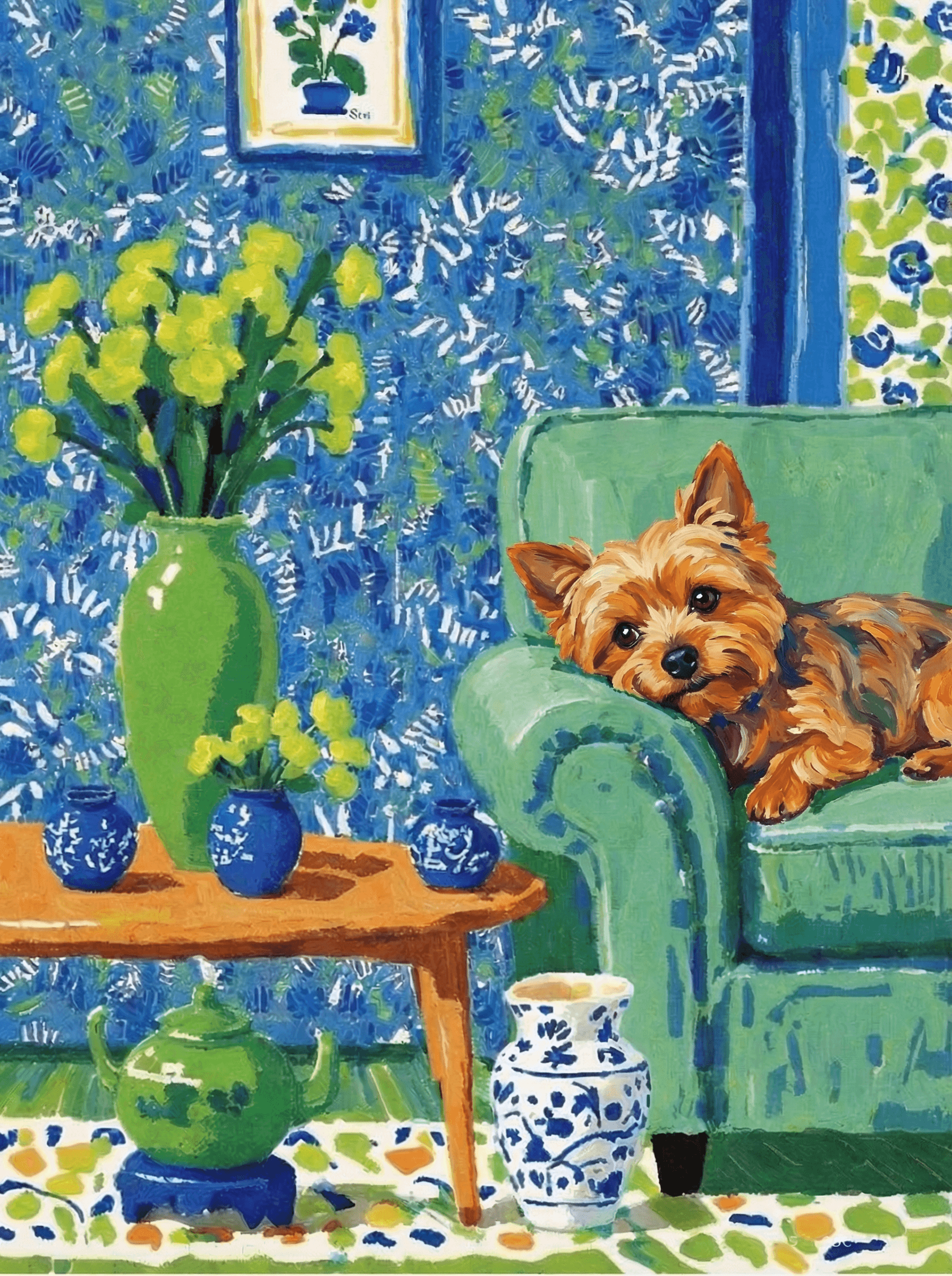A pet lazy lying on the couch, with head tilt on the edge of couch, eye looking at the the vase. paint in post-impressionism style. Use saturated, non-naturalistic colors and flattened perspective reminiscent of Henri Matisse. painterly and expressive, utilizing thick, confident strokes and quick, rhythmic marks that prioritize texture and visual energy over realistic blending or depth.