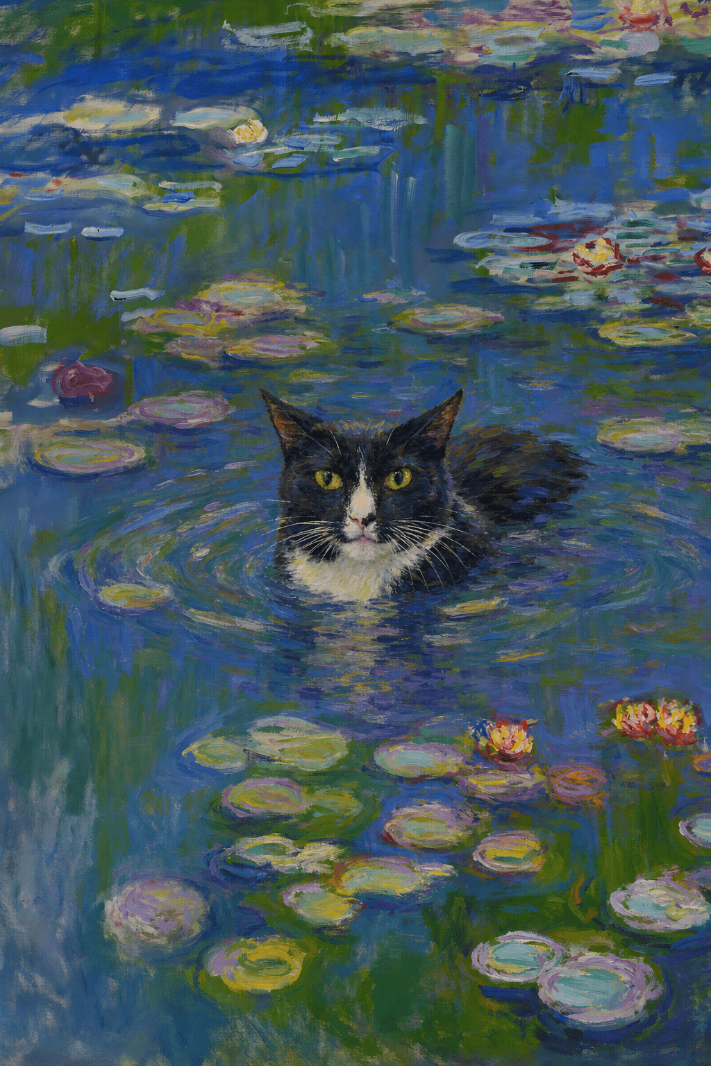 The pet should appear naturally integrated into the middle of the pond, swimming calmly through the water with only its head, upper neck, and a subtle suggestion of its back visible above the surface.
      The pet should be facing forward and looking directly at the viewer. Its wet fur should be suggested through painterly strokes.
      Blend the pet into the scene using Monet-like impressionist oil painting techniques: visible layered brushstrokes, soft broken color, blue-green reflections, violet shadows, golden-orange highlights, and shimmering ripples around the pet. 
      The water should partially obscure the pet’s body, with delicate circular ripples spreading outward. Nearby lily pads and water lilies should remain undisturbed but subtly interact with the ripples.
      The pet must feel like it was originally painted into the artwork, not pasted on top. Match the atmospheric softness, painterly texture, scale, perspective, and color harmony of the original Water Lilies painting. 
      Avoid photorealism, sharp outlines, modern digital effects, or excessive detail. The final image should look like a whimsical impressionist oil painting in the spirit of late Monet, with the pet quietly swimming among the lily pads at the center of the pond.
      Art Style: Paint in Fauvism, post-impressionism style. Use simplified shapes, exaggerates color, and flattens perspective to create charm and personality.
Use saturated, non-naturalistic colors and flattened perspective reminiscent of Henri Matisse.
The brushwork is loose, visible, and painterly, with uneven strokes that give the surface texture and movement.
Paint with large areas of flat color patches, simplified shapes, bold decorative outlines, and minimal blending.
The composition is flattened and slightly distorted, with compressed perspective.
The painting is expressive, utilizing thick, confident strokes and quick, rhythmic marks that prioritize texture and visual energy over realistic blending or depth.