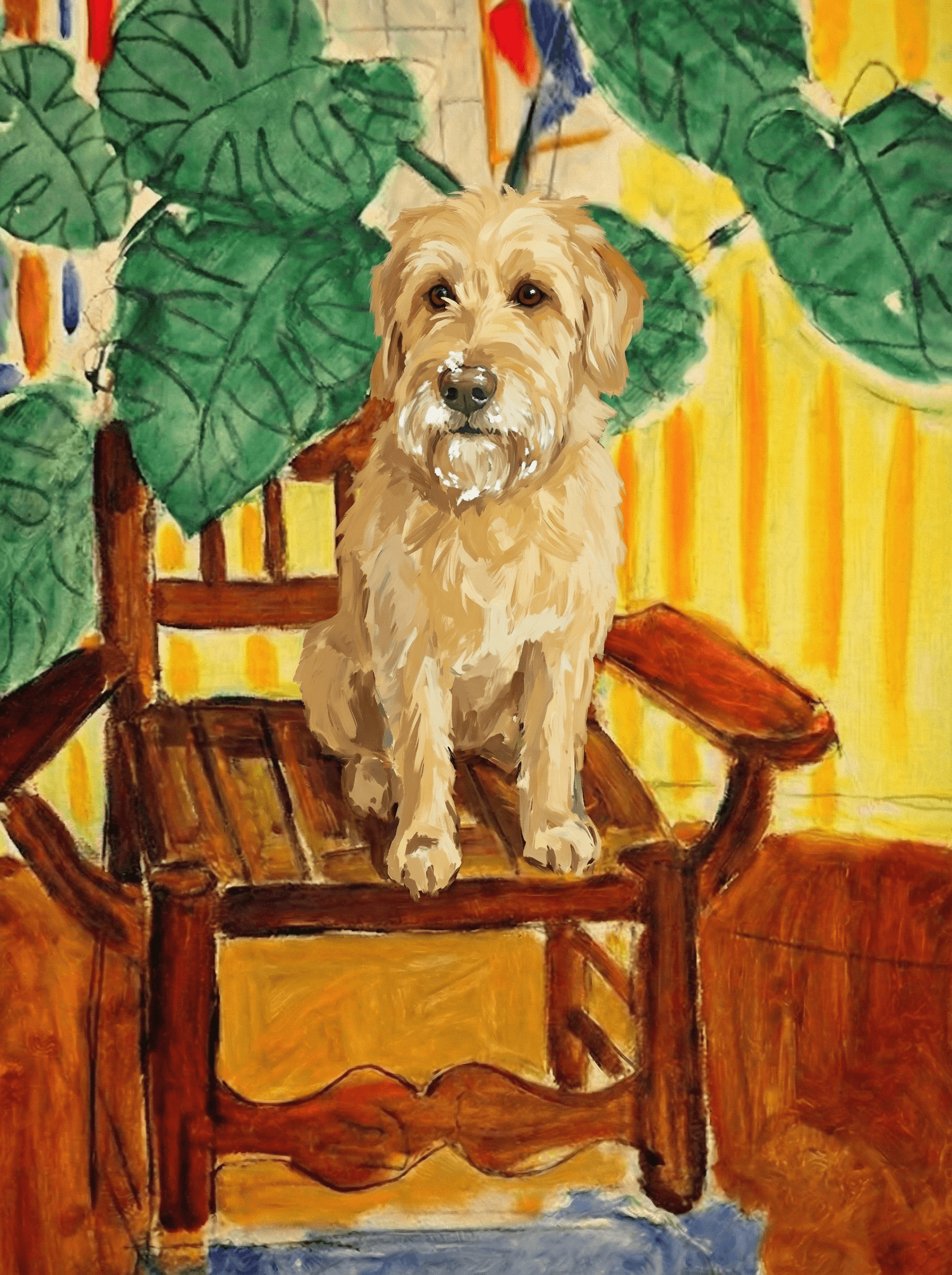 A pet sitting on a brown chair, looking at the viewer. Colors are applied with minimal blending, creating a flat, illustrative feel. The brushwork is broad, rapid, and direct. Strokes are loose, visible, applied thinly, defining the forms quickly without building up significant physical texture or impasto on the surface.