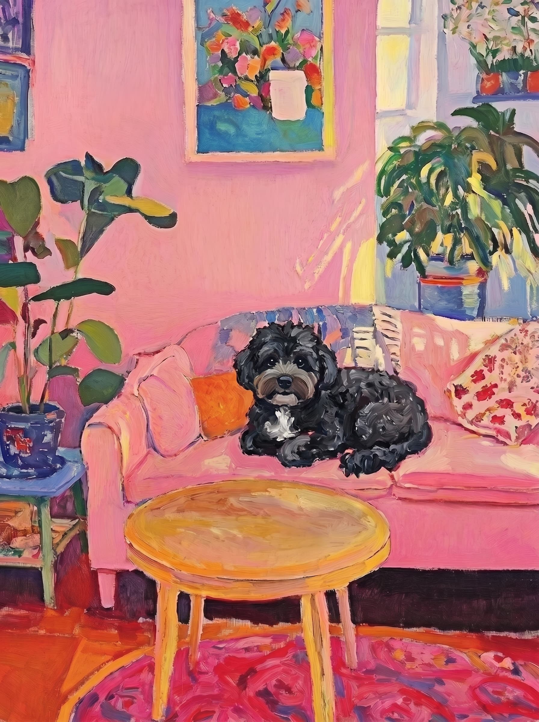 The painting shows a cozy, colorful interior with a warm pink wall and a large pink sofa in the foreground.
The pet is resting lazily on a bright pink velvet sofa. The pet’s looked completely relaxed and content.
The overall mood is cheerful and intimate, with bold outlines, visible brushstrokes, and slightly simplified forms.
Art Style: Paint in Fauvism, post-impressionism style. Use simplified shapes, exaggerates color, and flattens perspective to create charm and personality.
Use saturated, non-naturalistic colors and flattened perspective reminiscent of Henri Matisse.
The brushwork is loose, visible, and painterly, with uneven strokes that give the surface texture and movement.
Paint with large areas of flat color patches, simplified shapes, bold decorative outlines, and minimal blending.
The composition is flattened and slightly distorted, with compressed perspective.
The painting is expressive, utilizing thick, confident strokes and quick, rhythmic marks that prioritize texture and visual energy over realistic blending or depth.