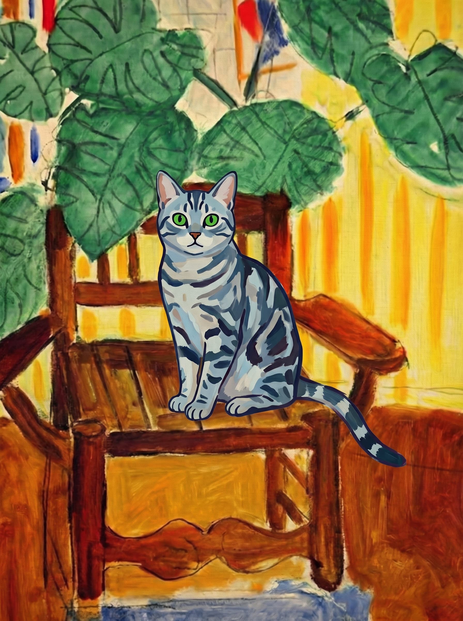 A pet sitting on a brown chair, looking at the viewer. Art Style: Paint in Fauvism, post-impressionism style. Use simplified shapes, exaggerates color, and flattens perspective to create charm and personality.
Use saturated, non-naturalistic colors and flattened perspective reminiscent of Henri Matisse.
The brushwork is loose, visible, and painterly, with uneven strokes that give the surface texture and movement.
Paint with large areas of flat color patches, simplified shapes, bold decorative outlines, and minimal blending.
The composition is flattened and slightly distorted, with compressed perspective.
The painting is expressive, utilizing thick, confident strokes and quick, rhythmic marks that prioritize texture and visual energy over realistic blending or depth.