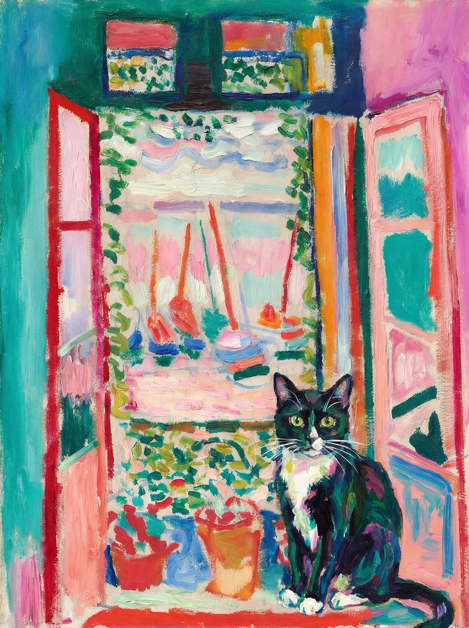 A pet sitting on the right bottom frame of an open door, with its back to the opening while facing the room, looking at the viewer, slight leaning on the right-side door panel. Paint in post-impressionism style. Use loosely painted, vibrantly colored, stylized, vertical painting.