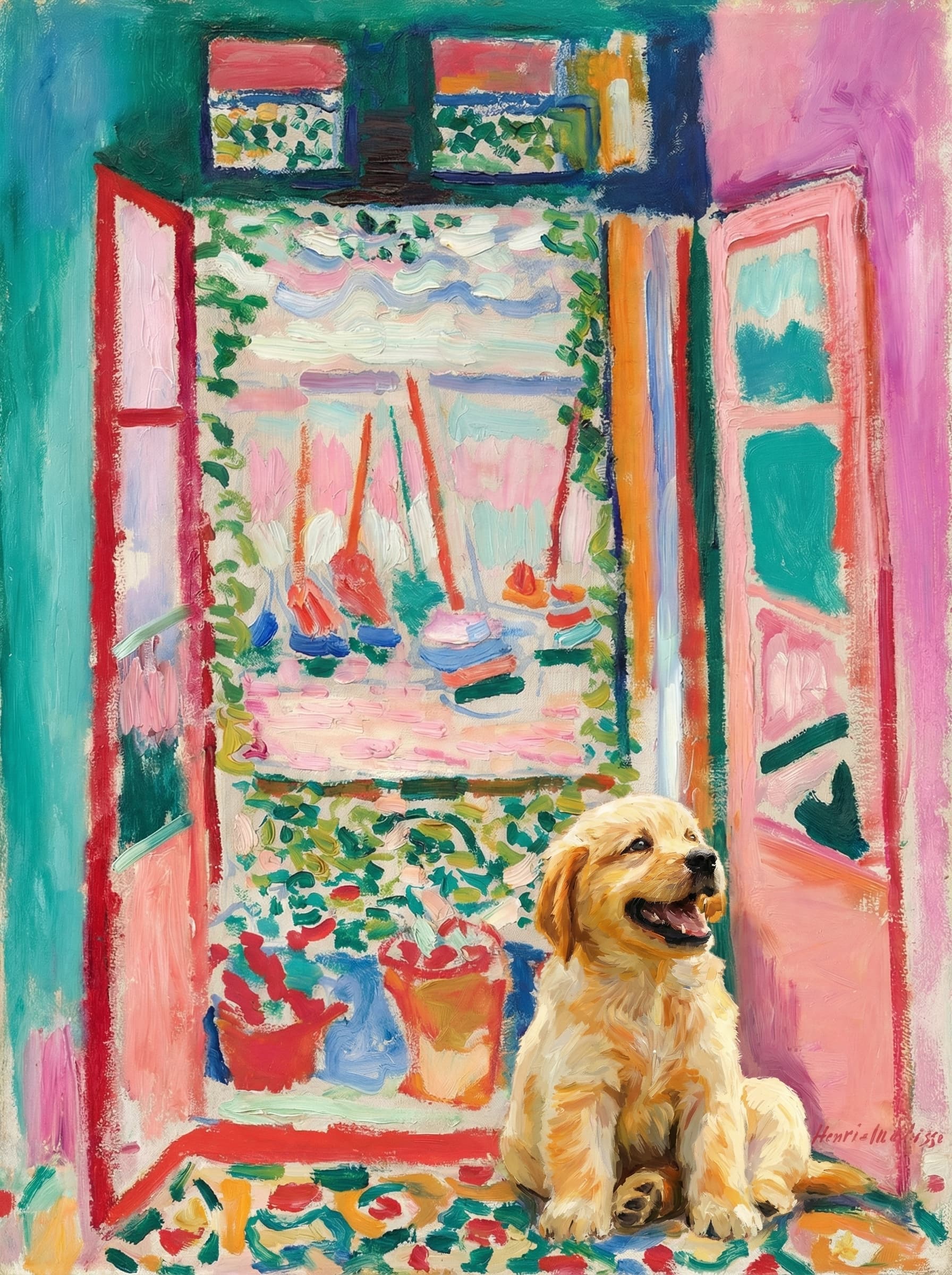A pet sitting on the right bottom frame of an open door, with its back to the opening while facing the room, looking at the viewer, slight leaning on the right-side door panel. Paint in post-impressionism style. Use loosely painted, vibrantly colored, stylized, vertical painting.