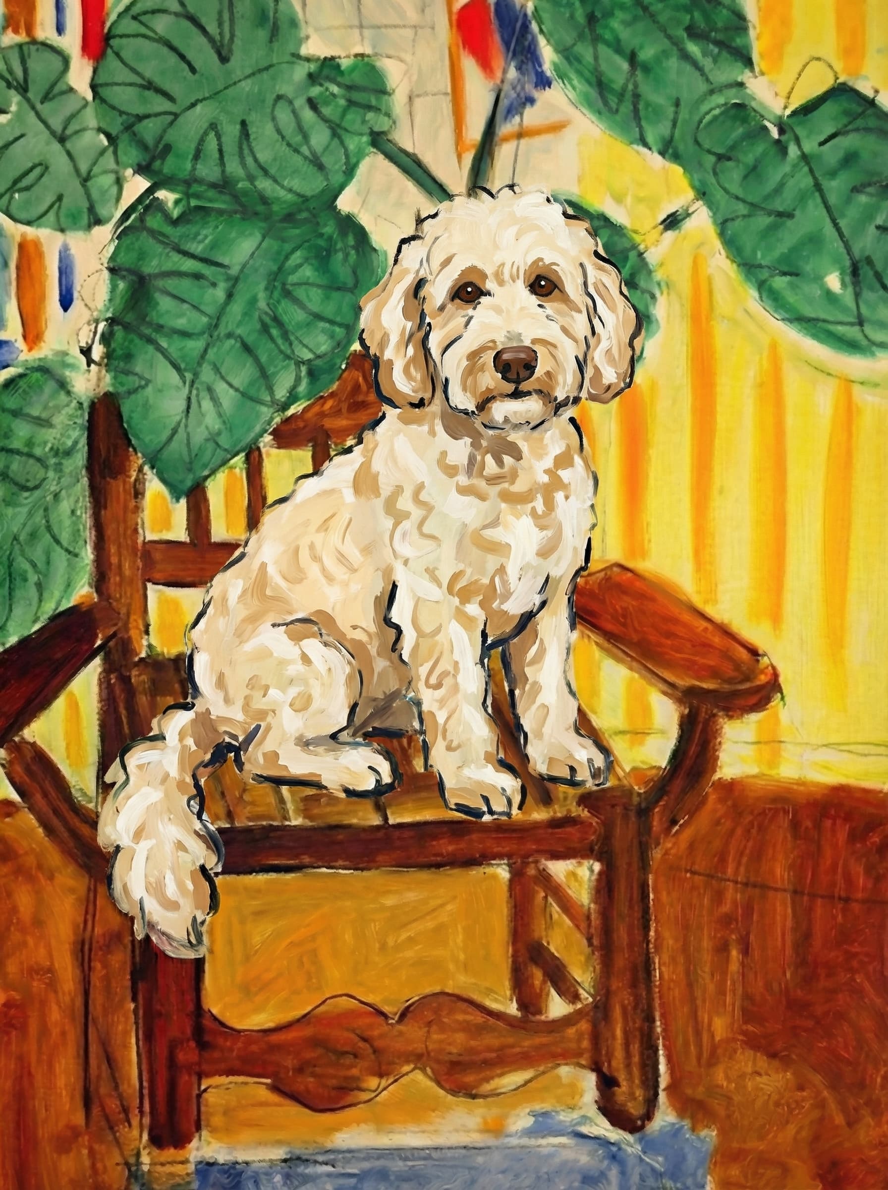 A pet sitting on a brown chair, looking at the viewer. Colors are applied with minimal blending, creating a flat, illustrative feel. The brushwork is broad, rapid, and direct. Strokes are loose, visible, applied thinly, defining the forms quickly without building up significant physical texture or impasto on the surface.