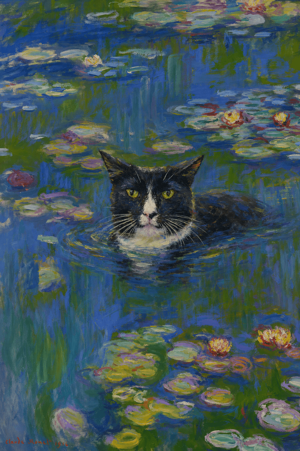 The pet should appear naturally integrated into the middle of the pond, swimming calmly through the water with only its head, upper neck, and a subtle suggestion of its back visible above the surface.
      The pet should be facing forward and looking directly at the viewer. Its wet fur should be suggested through painterly strokes.
      Blend the pet into the scene using Monet-like impressionist oil painting techniques: visible layered brushstrokes, soft broken color, blue-green reflections, violet shadows, golden-orange highlights, and shimmering ripples around the pet. 
      The water should partially obscure the pet’s body, with delicate circular ripples spreading outward. Nearby lily pads and water lilies should remain undisturbed but subtly interact with the ripples.
      The pet must feel like it was originally painted into the artwork, not pasted on top. Match the atmospheric softness, painterly texture, scale, perspective, and color harmony of the original Water Lilies painting. 
      Avoid photorealism, sharp outlines, modern digital effects, or excessive detail. The final image should look like a whimsical impressionist oil painting in the spirit of late Monet, with the pet quietly swimming among the lily pads at the center of the pond.
      Art Style: Paint in Fauvism, post-impressionism style. Use simplified shapes, exaggerates color, and flattens perspective to create charm and personality.
Use saturated, non-naturalistic colors and flattened perspective reminiscent of Henri Matisse.
The brushwork is loose, visible, and painterly, with uneven strokes that give the surface texture and movement.
Paint with large areas of flat color patches, simplified shapes, bold decorative outlines, and minimal blending.
The composition is flattened and slightly distorted, with compressed perspective.
The painting is expressive, utilizing thick, confident strokes and quick, rhythmic marks that prioritize texture and visual energy over realistic blending or depth.