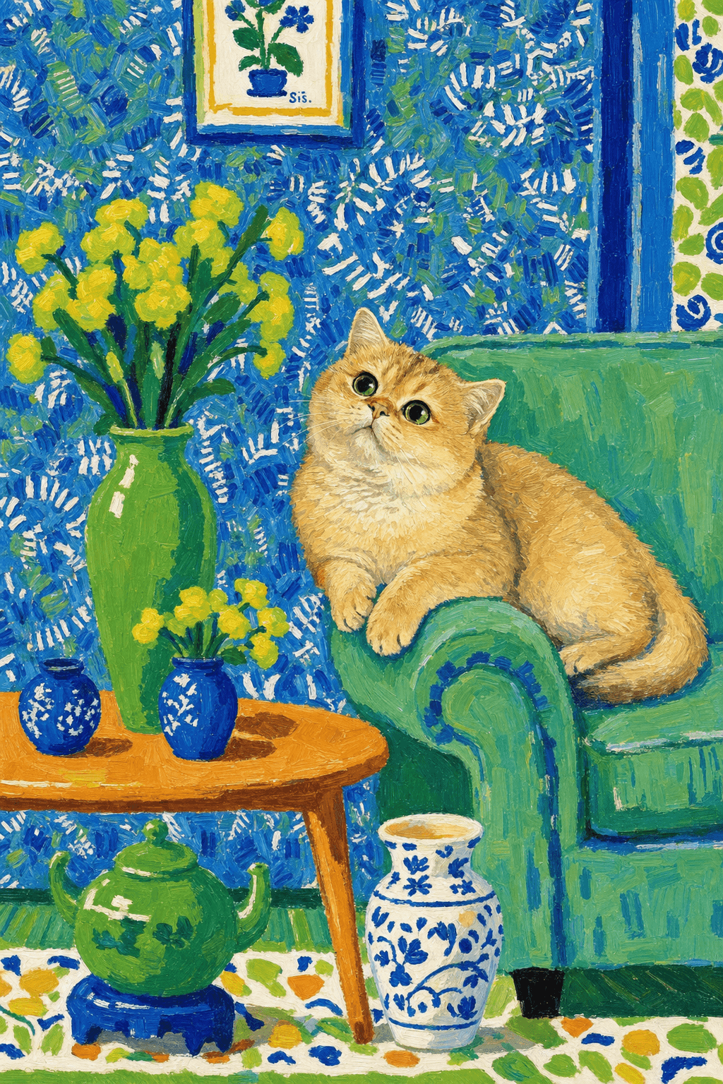 A pet lazy lying on the couch, with head tilt on the edge of couch, eye looking at the the vase. paint in post-impressionism style. Use saturated, non-naturalistic colors and flattened perspective reminiscent of Henri Matisse. painterly and expressive, utilizing thick, confident strokes and quick, rhythmic marks that prioritize texture and visual energy over realistic blending or depth.