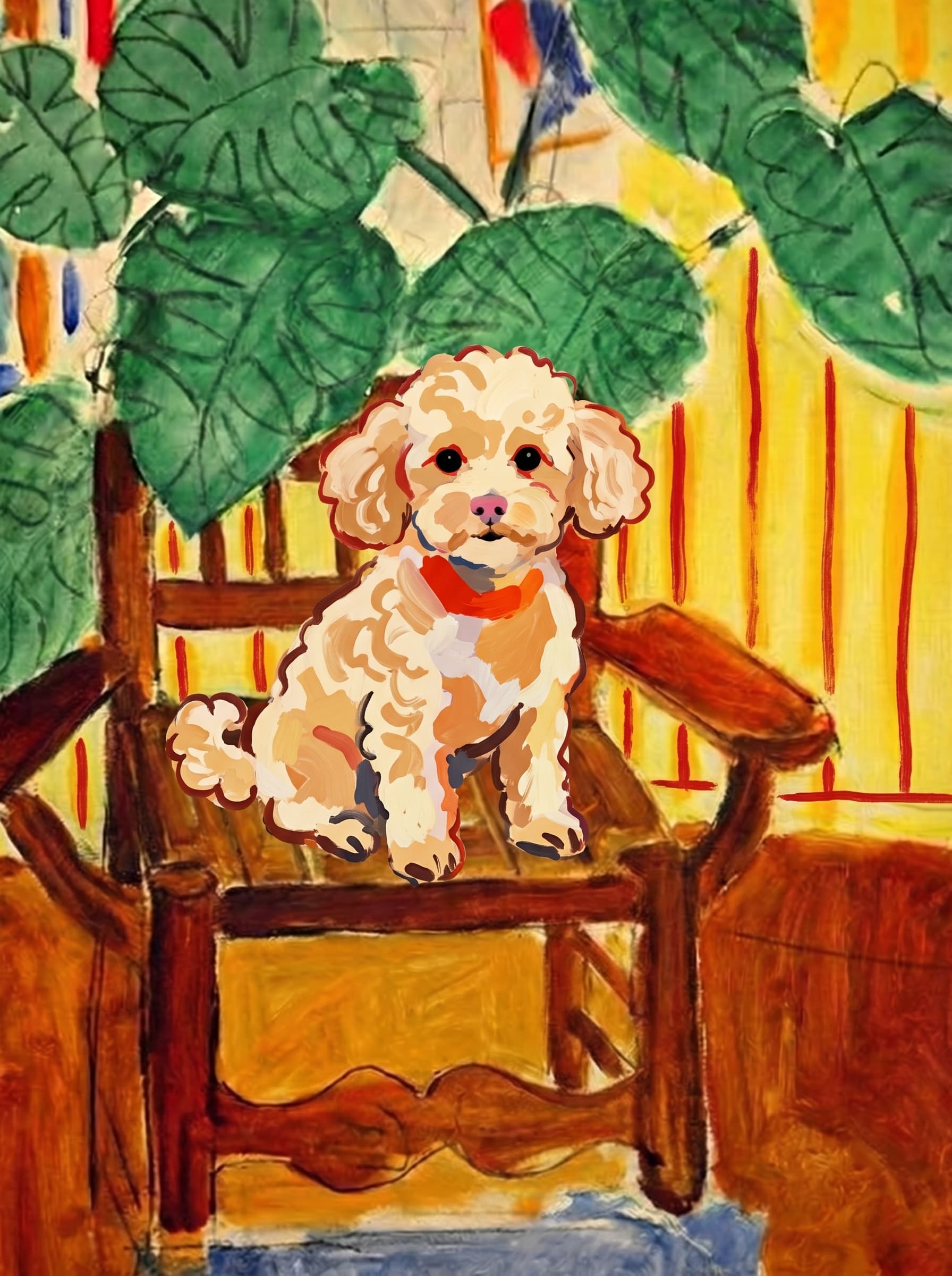 A pet sitting on a brown chair, looking at the viewer. Art Style: Paint in Fauvism, post-impressionism style. Use simplified shapes, exaggerates color, and flattens perspective to create charm and personality.
Use saturated, non-naturalistic colors and flattened perspective reminiscent of Henri Matisse.
The brushwork is loose, visible, and painterly, with uneven strokes that give the surface texture and movement.
Paint with large areas of flat color patches, simplified shapes, bold decorative outlines, and minimal blending.
The composition is flattened and slightly distorted, with compressed perspective.
The painting is expressive, utilizing thick, confident strokes and quick, rhythmic marks that prioritize texture and visual energy over realistic blending or depth.
