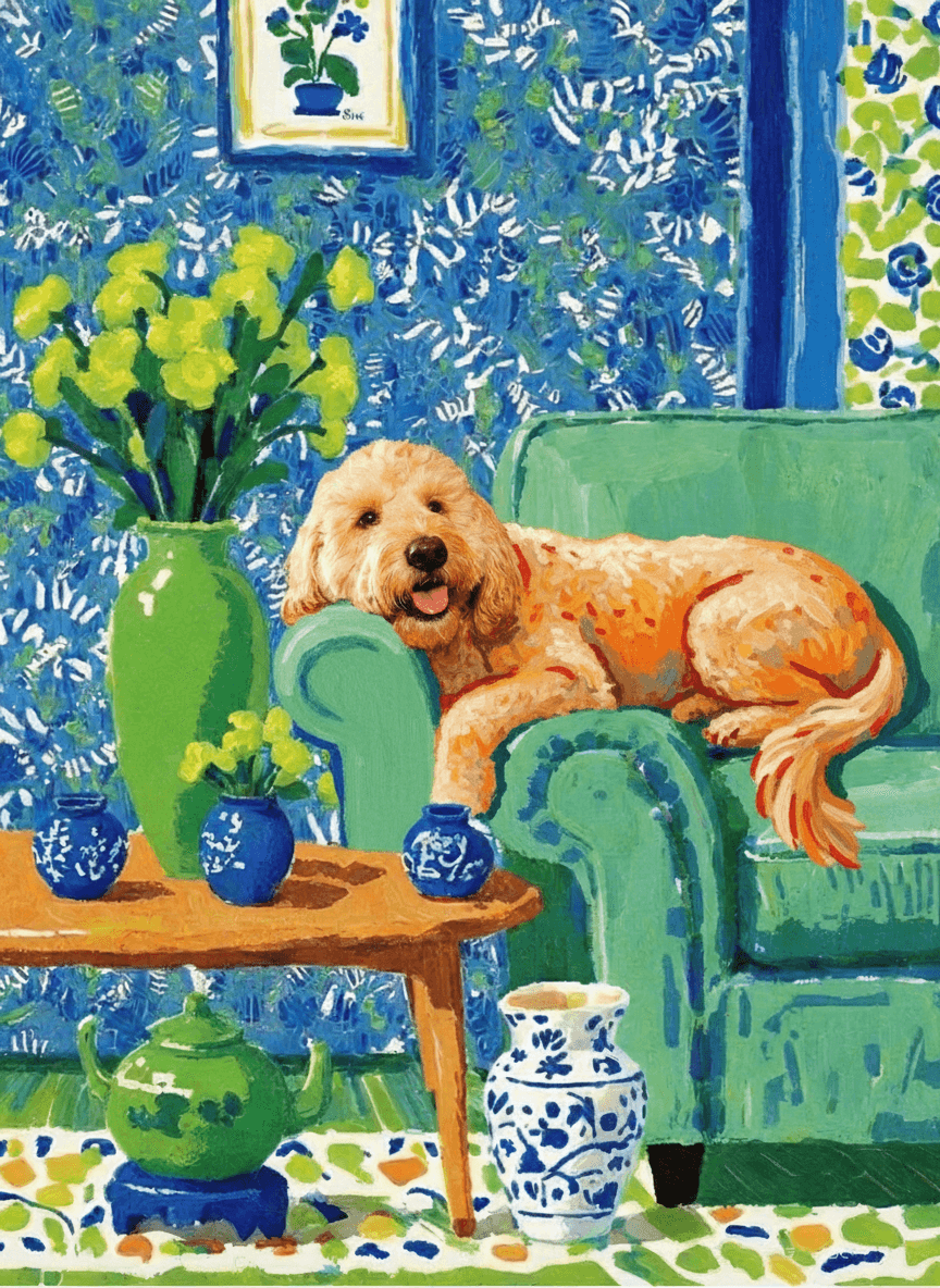 A pet lazy lying on the couch, with head tilt on the edge of couch, eye looking at the the vase. paint in post-impressionism style. Use saturated, non-naturalistic colors and flattened perspective reminiscent of Henri Matisse. painterly and expressive, utilizing thick, confident strokes and quick, rhythmic marks that prioritize texture and visual energy over realistic blending or depth.