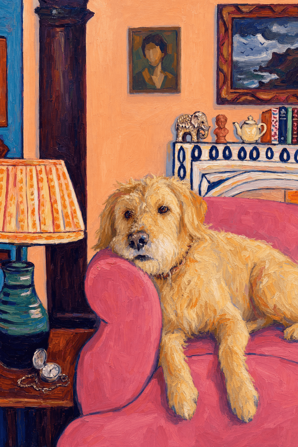 The painting shows a cozy, colorful interior with a warm peach wall and a large pink sofa in the foreground.
The pet is resting lazily on a bright pink velvet couch. The pet’s head is rested on the arm of the couch, looked completely relaxed and content.
The overall mood is cheerful and intimate, with bold outlines, visible brushstrokes, and slightly simplified forms.
Paint in Fauvism, post-impressionism style. Use simplified shapes, exaggerates color, and flattens perspective to create charm and personality.
Use saturated, non-naturalistic colors and flattened perspective reminiscent of Henri Matisse.
The brushwork is loose, visible, and painterly, with uneven strokes that give the surface texture and movement.
The composition is flattened and slightly distorted, with compressed perspective.
The painting is expressive, utilizing thick, confident strokes and quick, rhythmic marks that prioritize texture and visual energy over realistic blending or depth.