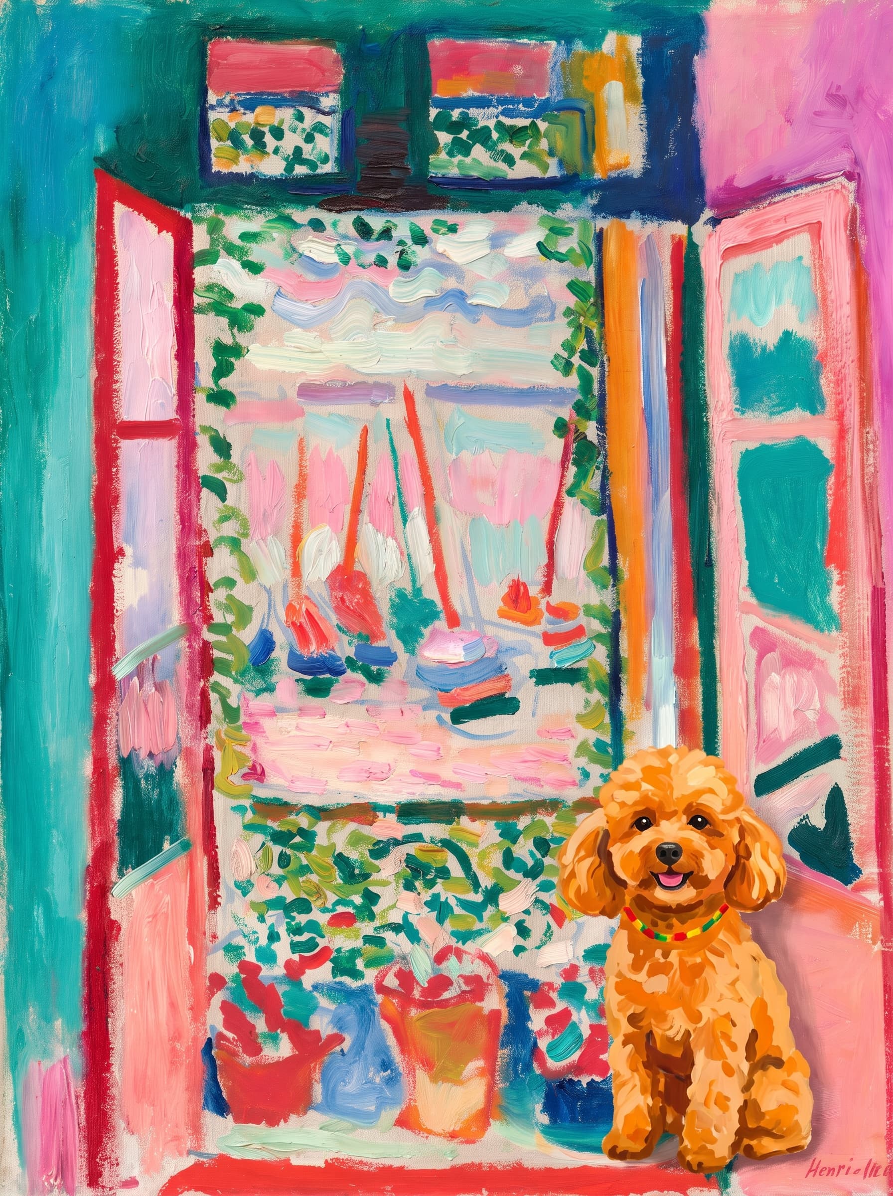 A pet sitting on the right bottom frame of an open door, with its back to the opening while facing the room, looking at the viewer, slight leaning on the right-side door panel. Art Style: Paint in Fauvism, post-impressionism style. Use simplified shapes, exaggerates color, and flattens perspective to create charm and personality.
Use saturated, non-naturalistic colors and flattened perspective reminiscent of Henri Matisse.
The brushwork is loose, visible, and painterly, with uneven strokes that give the surface texture and movement.
Paint with large areas of flat color patches, simplified shapes, bold decorative outlines, and minimal blending.
The composition is flattened and slightly distorted, with compressed perspective.
The painting is expressive, utilizing thick, confident strokes and quick, rhythmic marks that prioritize texture and visual energy over realistic blending or depth.