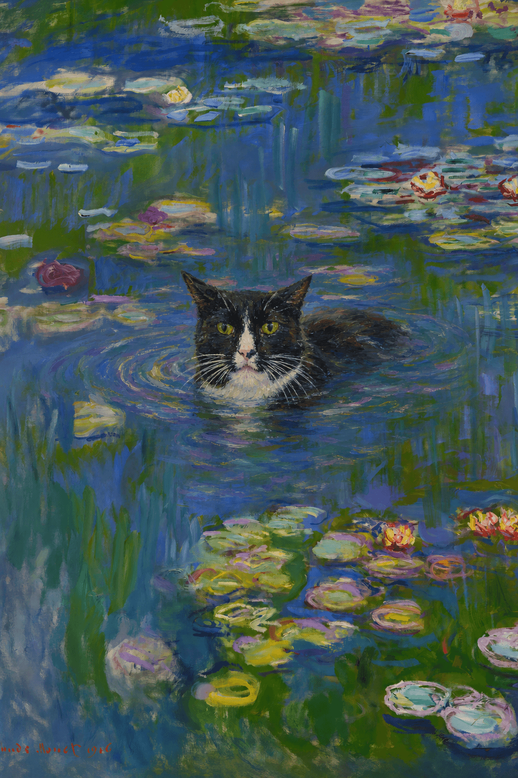 The pet should appear naturally integrated into the middle of the pond, swimming calmly through the water with only its head, upper neck, and a subtle suggestion of its back visible above the surface.
The pet should be facing forward and looking directly at the viewer. Its wet fur should be suggested through painterly strokes.
Blend the pet into the scene using Monet-like impressionist oil painting techniques: visible layered brushstrokes, soft broken color, blue-green reflections, violet shadows, golden-orange highlights, and shimmering ripples around the pet.
The water should partially obscure the pet’s body, with delicate circular ripples spreading outward. Nearby lily pads and water lilies should remain undisturbed but subtly interact with the ripples.
The pet must feel like it was originally painted into the artwork, not pasted on top. Match the atmospheric softness, painterly texture, scale, perspective, and color harmony of the original Water Lilies painting.
Avoid photorealism, sharp outlines, modern digital effects, or excessive detail. The final image should look like a whimsical impressionist oil painting in the spirit of late Monet, with the pet quietly swimming among the lily pads at the center of the pond.
Art Style: Paint in Fauvism, post-impressionism style. Use simplified shapes, exaggerates color, and flattens perspective to create charm and personality.
Use saturated, non-naturalistic colors and flattened perspective reminiscent of Henri Matisse.
The brushwork is loose, visible, and painterly, with uneven strokes that give the surface texture and movement.
Paint with large areas of flat color patches, simplified shapes, bold decorative outlines, and minimal blending.
The composition is flattened and slightly distorted, with compressed perspective.
The painting is expressive, utilizing thick, confident strokes and quick, rhythmic marks that prioritize texture and visual energy over realistic blending or depth.