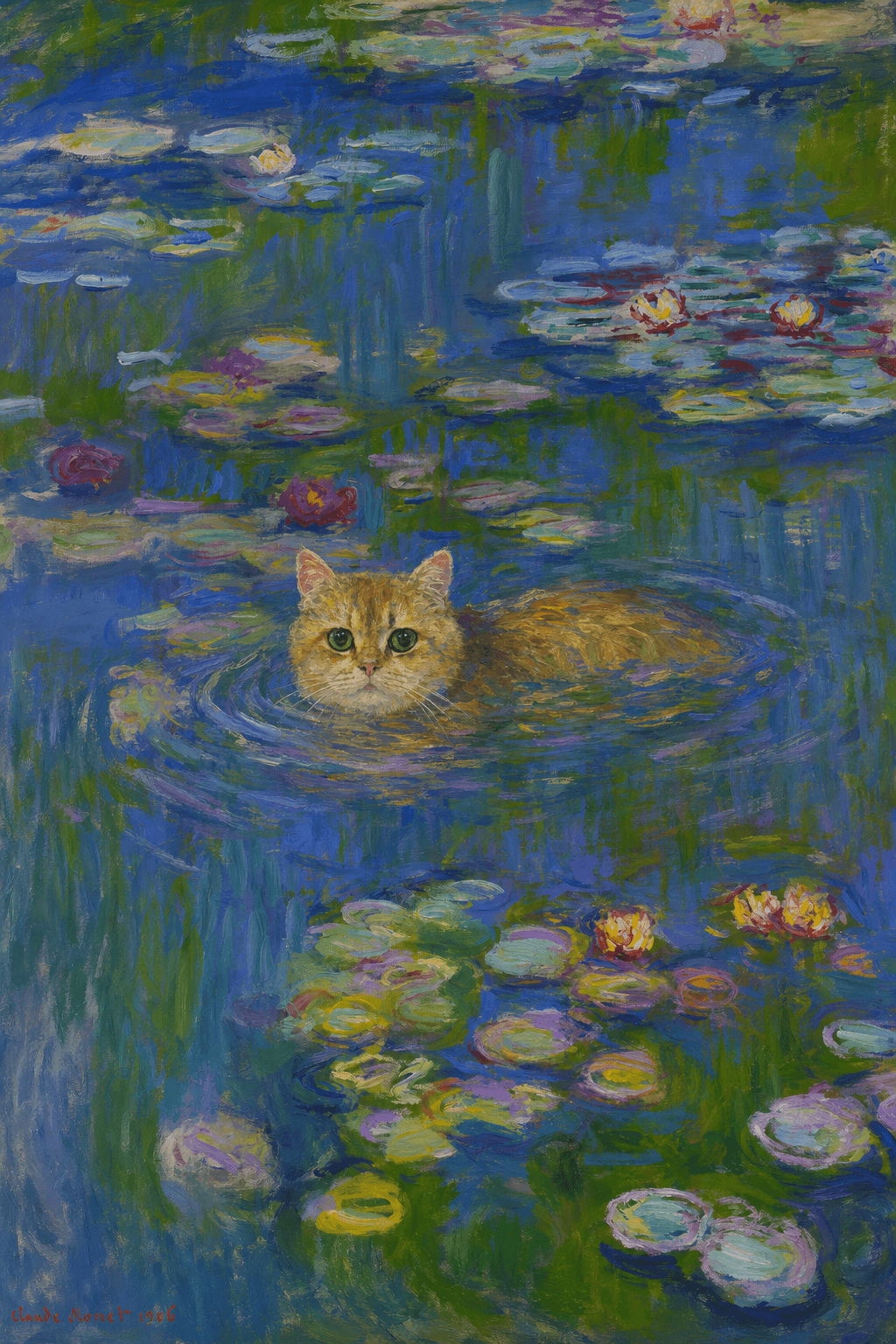 The pet should appear naturally integrated into the middle of the pond, swimming calmly through the water with only its head, upper neck, and a subtle suggestion of its back visible above the surface.
The pet should be facing forward and looking directly at the viewer. Its wet fur should be suggested through painterly strokes.
Blend the pet into the scene using Monet-like impressionist oil painting techniques: visible layered brushstrokes, soft broken color, blue-green reflections, violet shadows, golden-orange highlights, and shimmering ripples around the pet.
The water should partially obscure the pet’s body, with delicate circular ripples spreading outward. Nearby lily pads and water lilies should remain undisturbed but subtly interact with the ripples.
The pet must feel like it was originally painted into the artwork, not pasted on top. Match the atmospheric softness, painterly texture, scale, perspective, and color harmony of the original Water Lilies painting.
Avoid photorealism, sharp outlines, modern digital effects, or excessive detail. The final image should look like a whimsical impressionist oil painting in the spirit of late Monet, with the pet quietly swimming among the lily pads at the center of the pond.
Art Style: Paint in Fauvism, post-impressionism style. Use simplified shapes, exaggerates color, and flattens perspective to create charm and personality.
Use saturated, non-naturalistic colors and flattened perspective reminiscent of Henri Matisse.
The brushwork is loose, visible, and painterly, with uneven strokes that give the surface texture and movement.
Paint with large areas of flat color patches, simplified shapes, bold decorative outlines, and minimal blending.
The composition is flattened and slightly distorted, with compressed perspective.
The painting is expressive, utilizing thick, confident strokes and quick, rhythmic marks that prioritize texture and visual energy over realistic blending or depth.