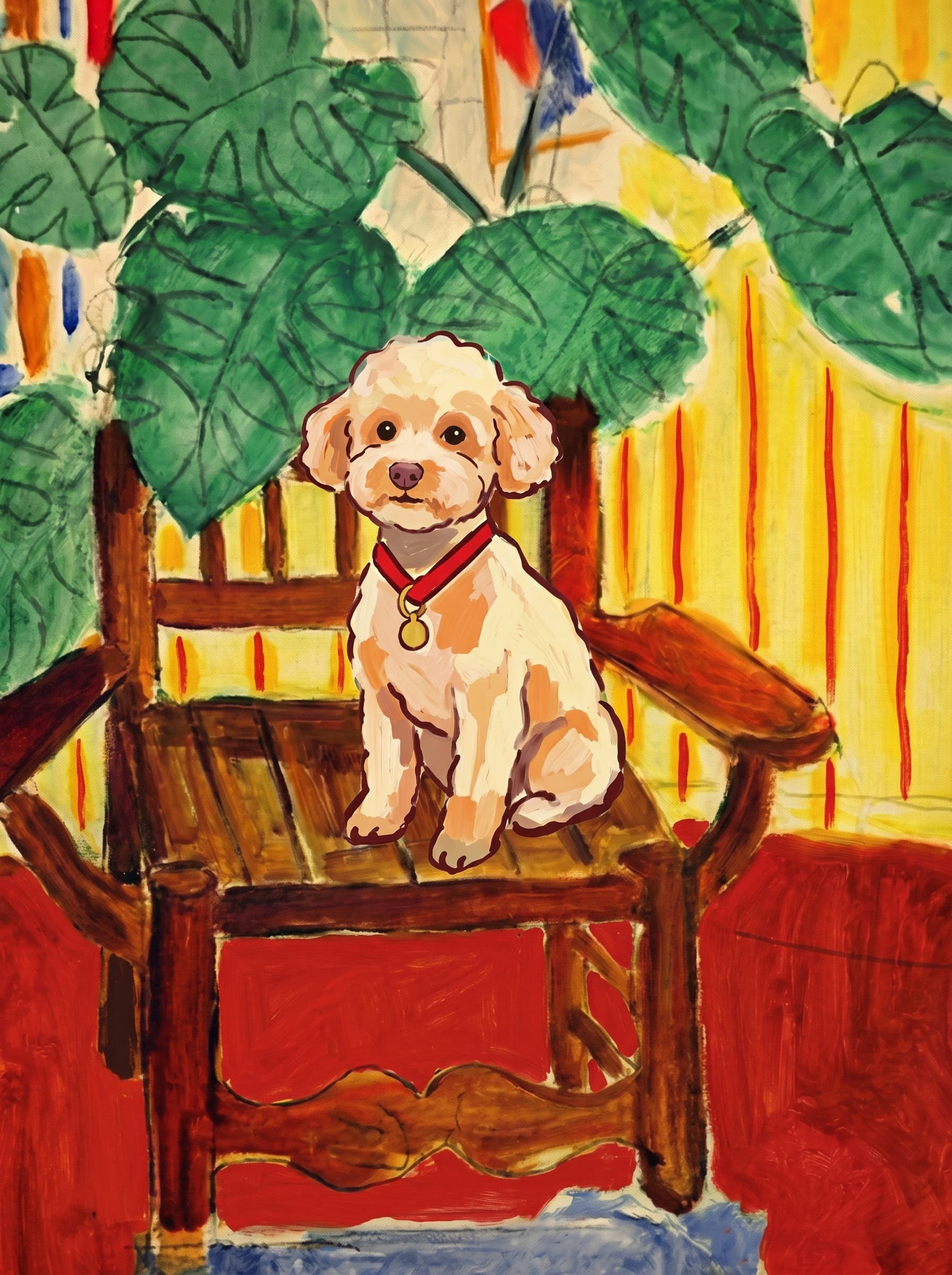 A pet sitting on a brown chair, looking at the viewer. Art Style: Paint in Fauvism, post-impressionism style. Use simplified shapes, exaggerates color, and flattens perspective to create charm and personality.
Use saturated, non-naturalistic colors and flattened perspective reminiscent of Henri Matisse.
The brushwork is loose, visible, and painterly, with uneven strokes that give the surface texture and movement.
Paint with large areas of flat color patches, simplified shapes, bold decorative outlines, and minimal blending.
The composition is flattened and slightly distorted, with compressed perspective.
The painting is expressive, utilizing thick, confident strokes and quick, rhythmic marks that prioritize texture and visual energy over realistic blending or depth.