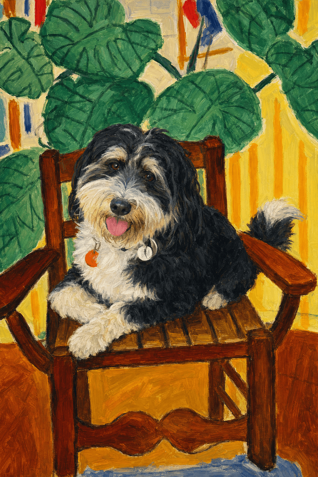 A pet sitting on a brown chair, looking at the viewer. Colors are applied with minimal blending, creating a flat, illustrative feel. The brushwork is broad, rapid, and direct. Strokes are loose, visible, applied thinly, defining the forms quickly without building up significant physical texture or impasto on the surface.