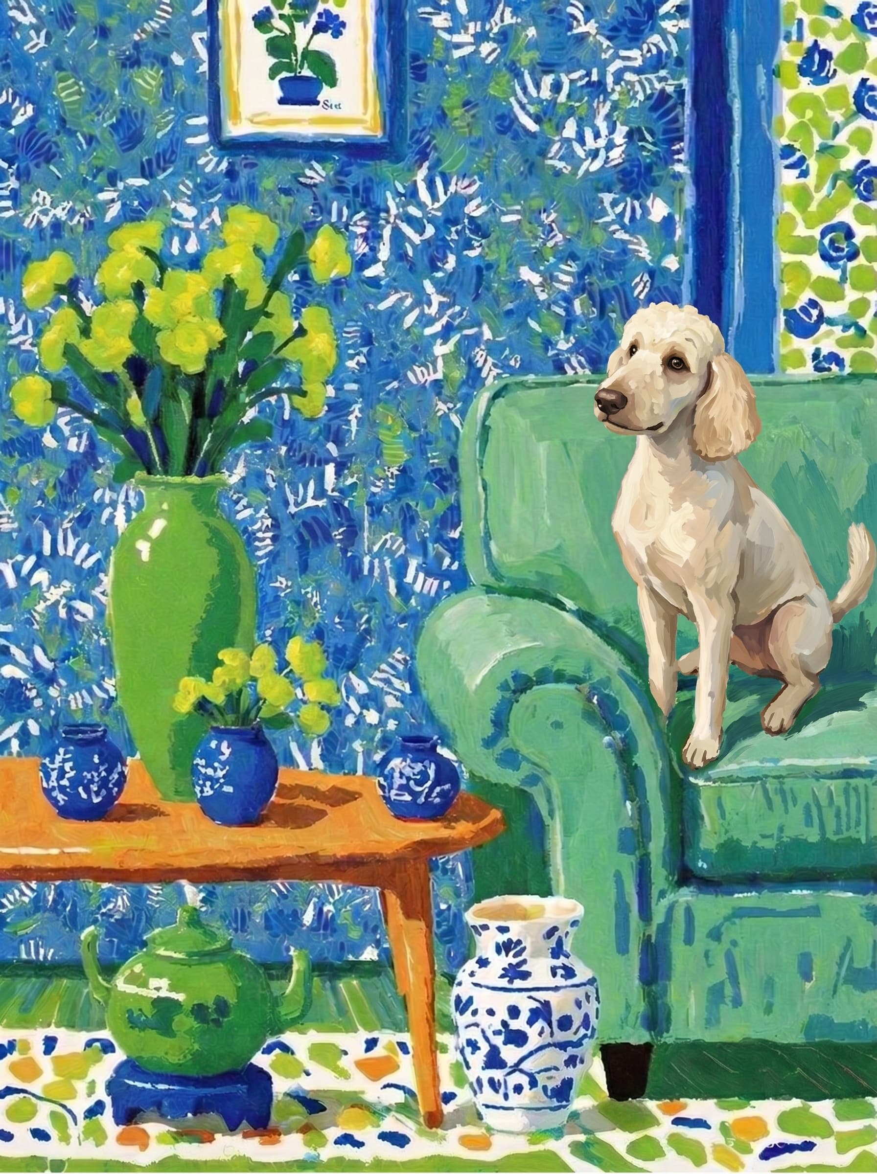 A pet lazy lying on the couch, with head tilt on the edge of couch, eye looking at the the vase. Art Style: Paint in Fauvism, post-impressionism style. Use simplified shapes, exaggerates color, and flattens perspective to create charm and personality.
Use saturated, non-naturalistic colors and flattened perspective reminiscent of Henri Matisse.
The brushwork is loose, visible, and painterly, with uneven strokes that give the surface texture and movement.
Paint with large areas of flat color patches, simplified shapes, bold decorative outlines, and minimal blending.
The composition is flattened and slightly distorted, with compressed perspective.
The painting is expressive, utilizing thick, confident strokes and quick, rhythmic marks that prioritize texture and visual energy over realistic blending or depth.