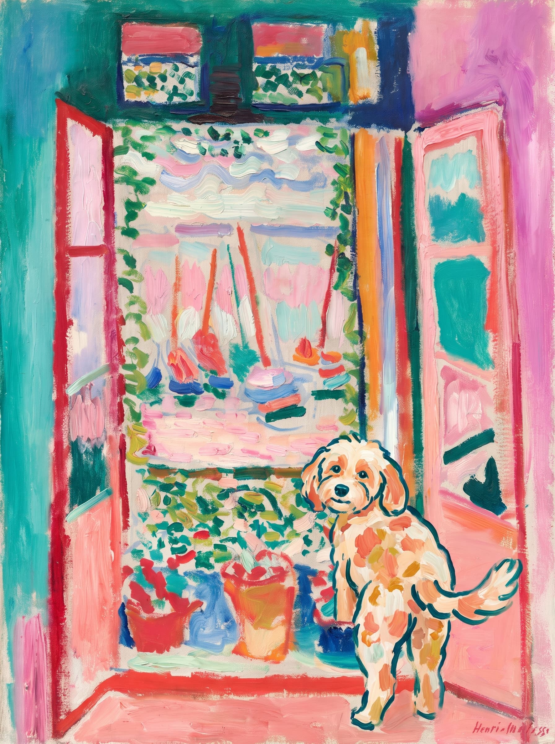 A pet sitting on the right bottom frame of an open door, with its back to the opening while facing the room, looking at the viewer, slight leaning on the right-side door panel. Art Style: Paint in Fauvism, post-impressionism style. Use simplified shapes, exaggerates color, and flattens perspective to create charm and personality.
Use saturated, non-naturalistic colors and flattened perspective reminiscent of Henri Matisse.
The brushwork is loose, visible, and painterly, with uneven strokes that give the surface texture and movement.
Paint with large areas of flat color patches, simplified shapes, bold decorative outlines, and minimal blending.
The composition is flattened and slightly distorted, with compressed perspective.
The painting is expressive, utilizing thick, confident strokes and quick, rhythmic marks that prioritize texture and visual energy over realistic blending or depth.