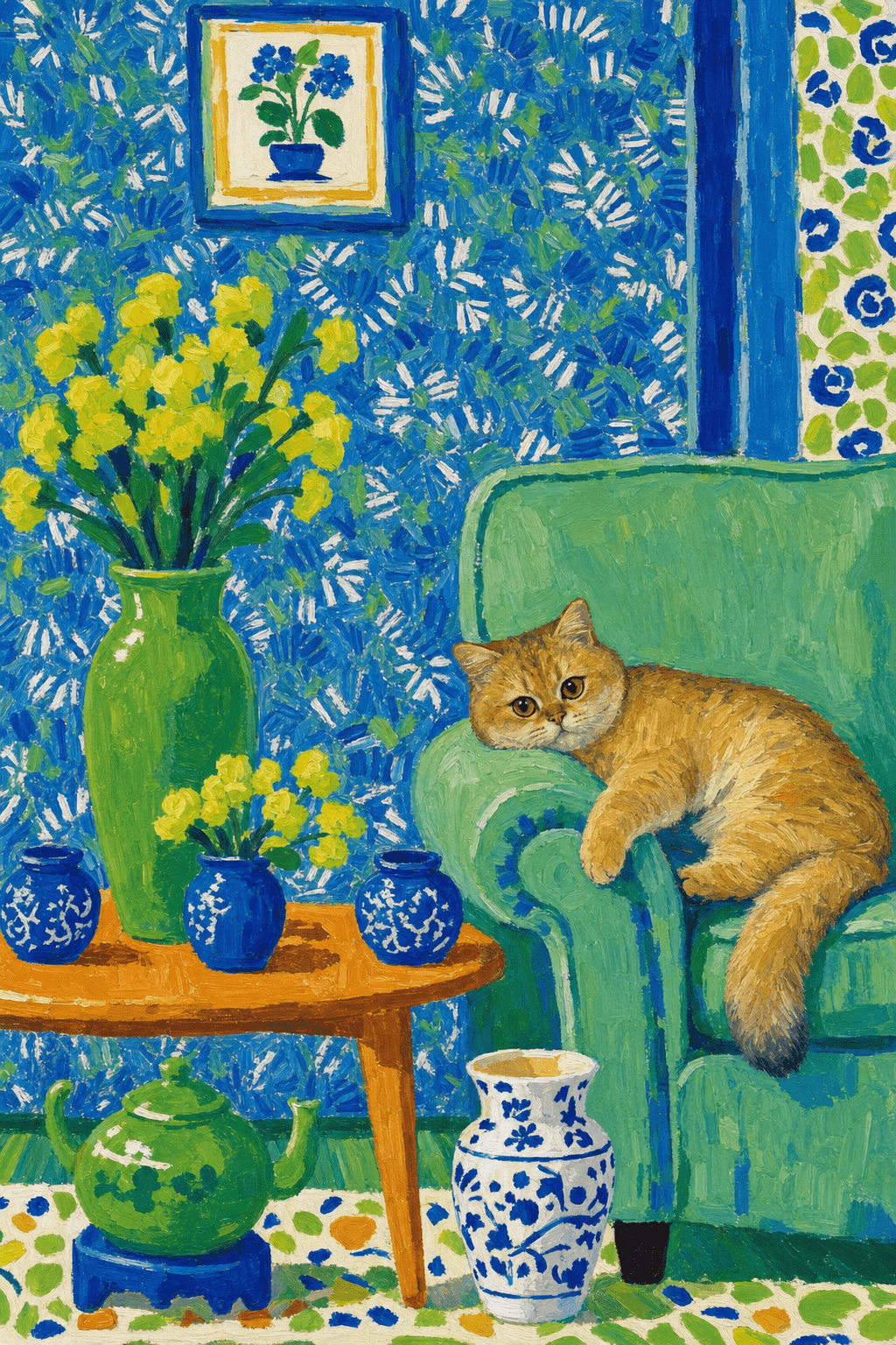 A pet lazy lying on the couch, with head tilt on the edge of couch, eye looking at the the vase. paint in post-impressionism style. Use saturated, non-naturalistic colors and flattened perspective reminiscent of Henri Matisse. painterly and expressive, utilizing thick, confident strokes and quick, rhythmic marks that prioritize texture and visual energy over realistic blending or depth.