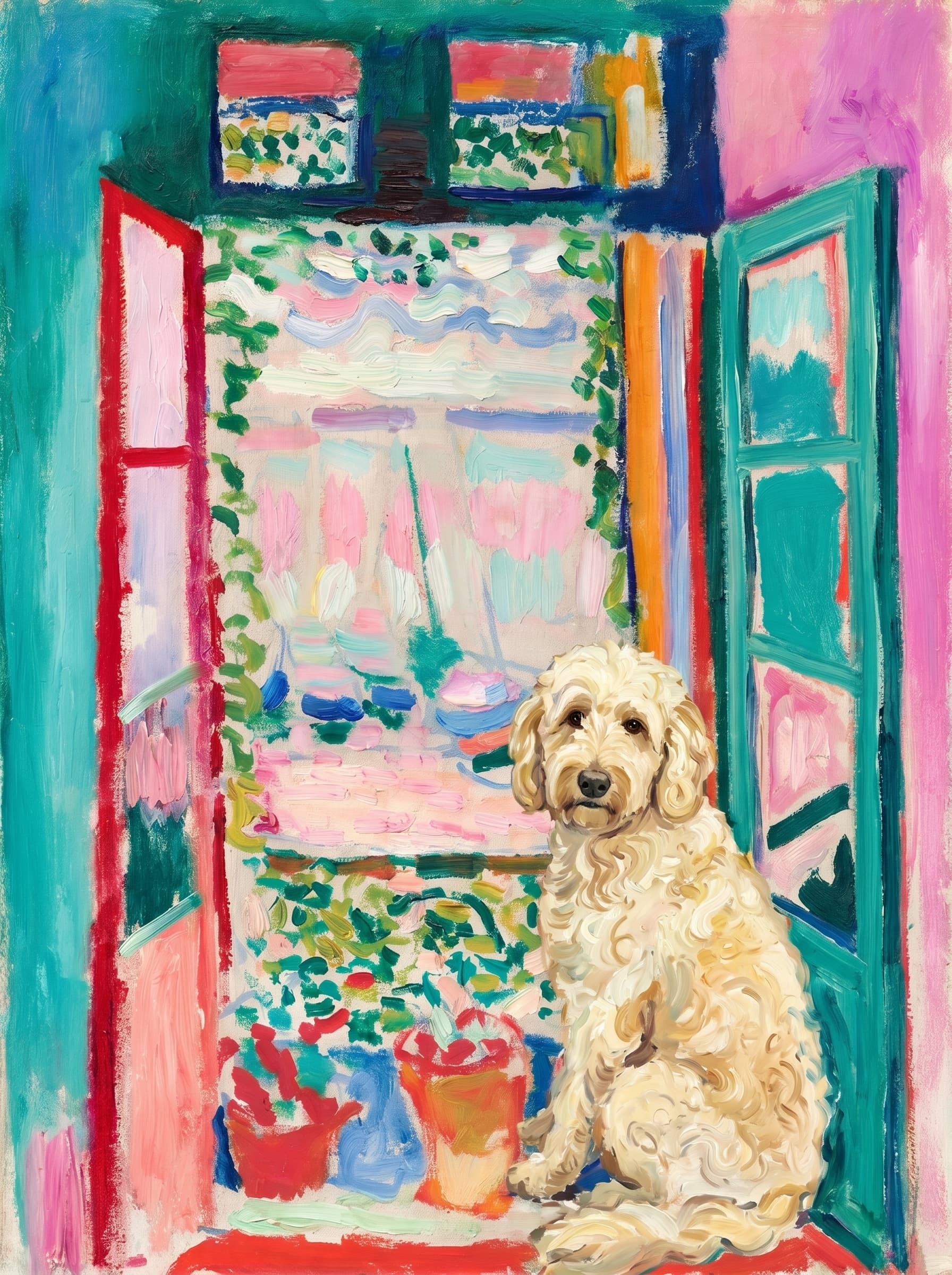 A pet sitting on the right bottom frame of an open door, with its back to the opening while facing the room, looking at the viewer, slight leaning on the right-side door panel. Paint in post-impressionism style. Use loosely painted, vibrantly colored, stylized, vertical painting.