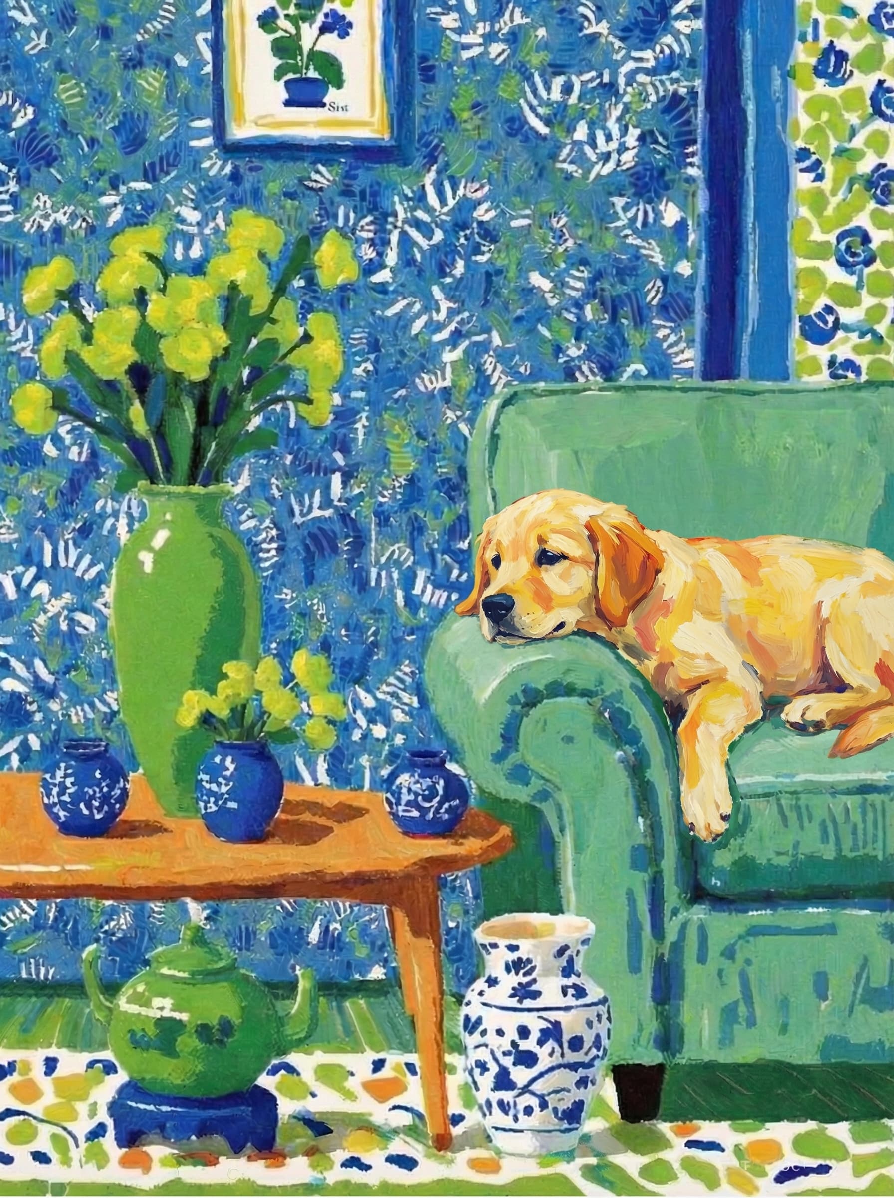 A pet lazy lying on the couch, with head tilt on the edge of couch, eye looking at the the vase. paint in post-impressionism style. Use saturated, non-naturalistic colors and flattened perspective reminiscent of Henri Matisse. painterly and expressive, utilizing thick, confident strokes and quick, rhythmic marks that prioritize texture and visual energy over realistic blending or depth.