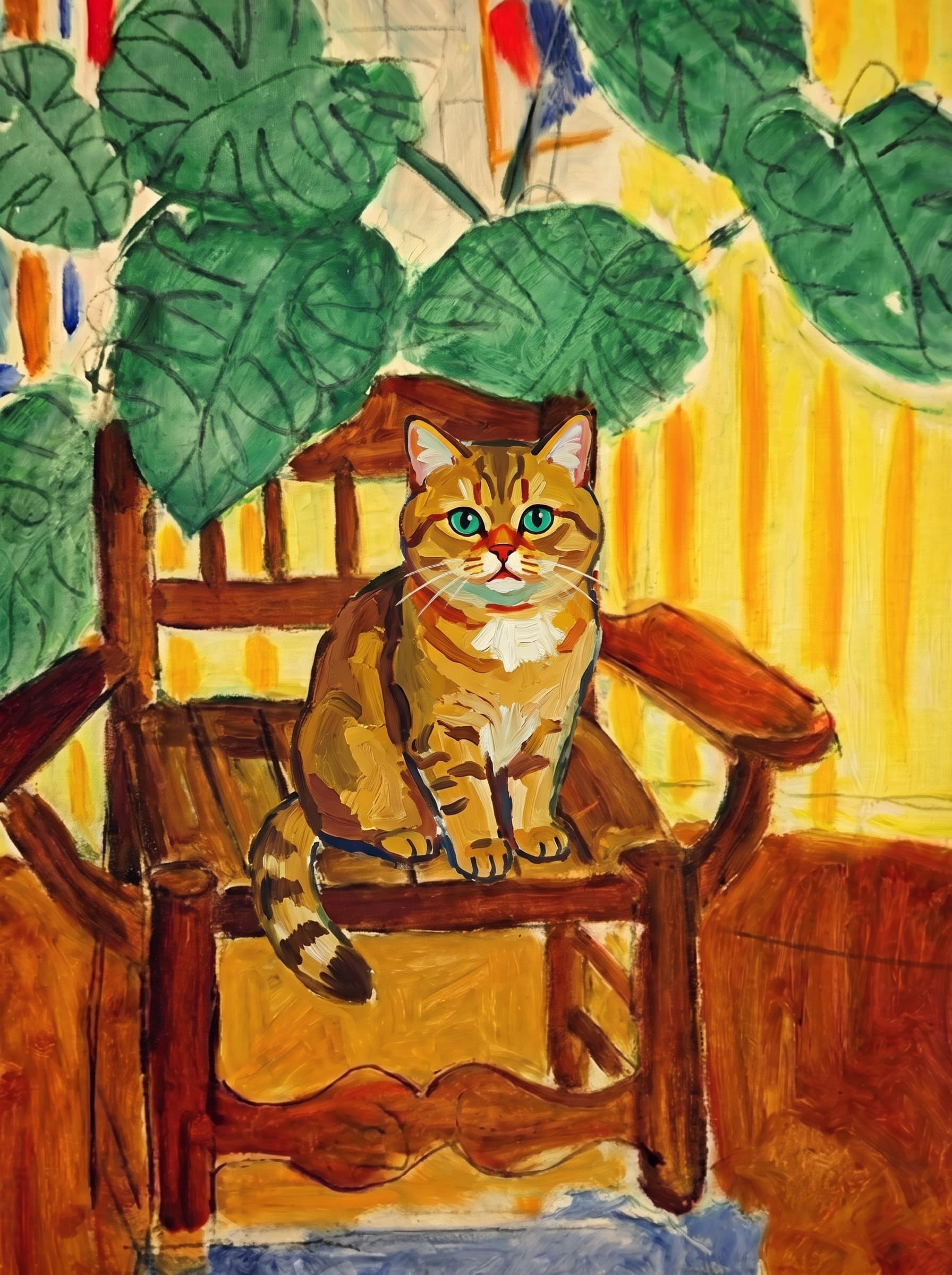 A pet sitting on a brown chair, looking at the viewer. Art Style: Paint in Fauvism, post-impressionism style. Use simplified shapes, exaggerates color, and flattens perspective to create charm and personality.
Use saturated, non-naturalistic colors and flattened perspective reminiscent of Henri Matisse.
The brushwork is loose, visible, and painterly, with uneven strokes that give the surface texture and movement.
Paint with large areas of flat color patches, simplified shapes, bold decorative outlines, and minimal blending.
The composition is flattened and slightly distorted, with compressed perspective.
The painting is expressive, utilizing thick, confident strokes and quick, rhythmic marks that prioritize texture and visual energy over realistic blending or depth.