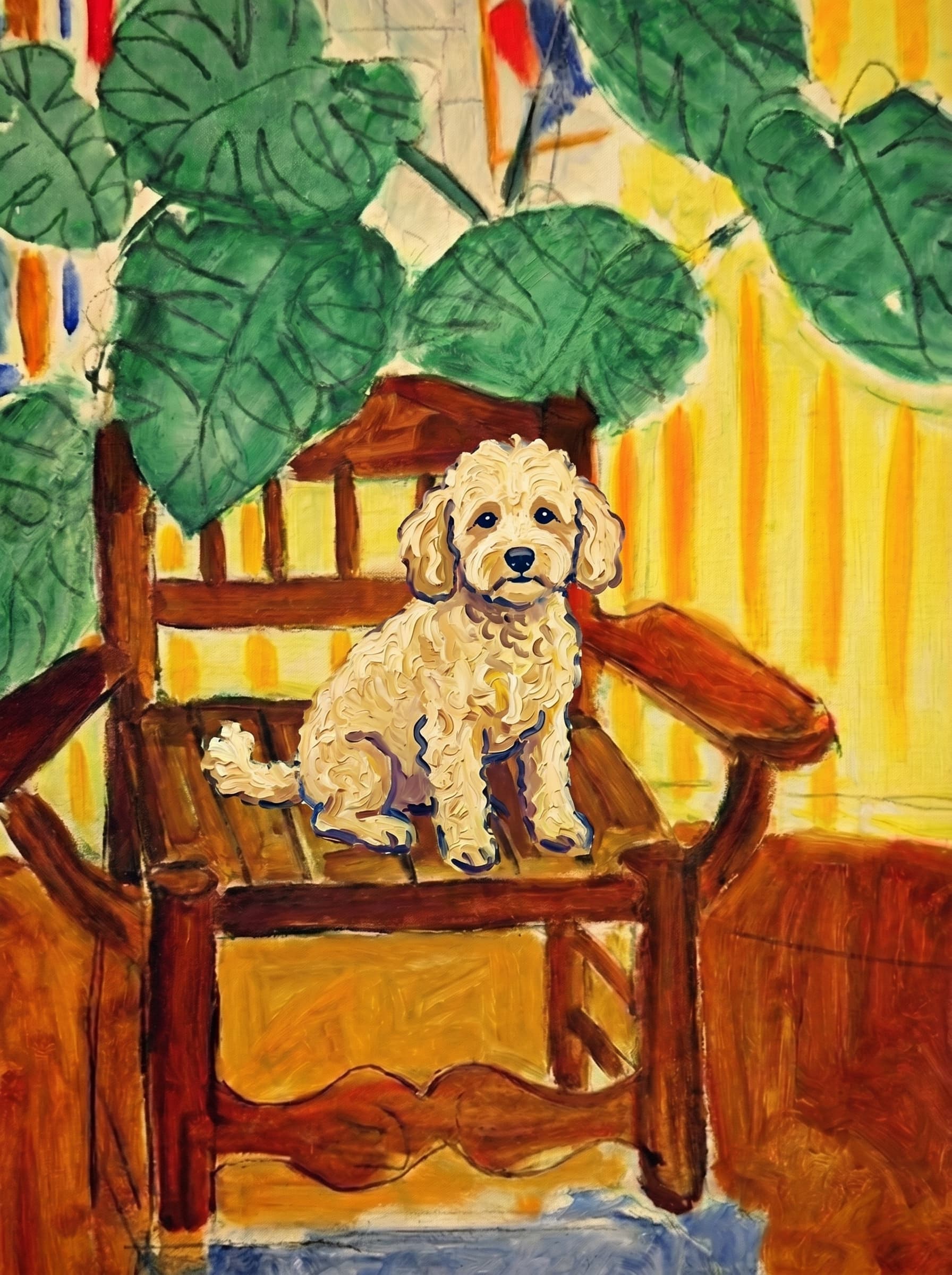 A pet sitting on a brown chair, looking at the viewer. Art Style: Paint in Fauvism, post-impressionism style. Use simplified shapes, exaggerates color, and flattens perspective to create charm and personality.
Use saturated, non-naturalistic colors and flattened perspective reminiscent of Henri Matisse.
The brushwork is loose, visible, and painterly, with uneven strokes that give the surface texture and movement.
Paint with large areas of flat color patches, simplified shapes, bold decorative outlines, and minimal blending.
The composition is flattened and slightly distorted, with compressed perspective.
The painting is expressive, utilizing thick, confident strokes and quick, rhythmic marks that prioritize texture and visual energy over realistic blending or depth.