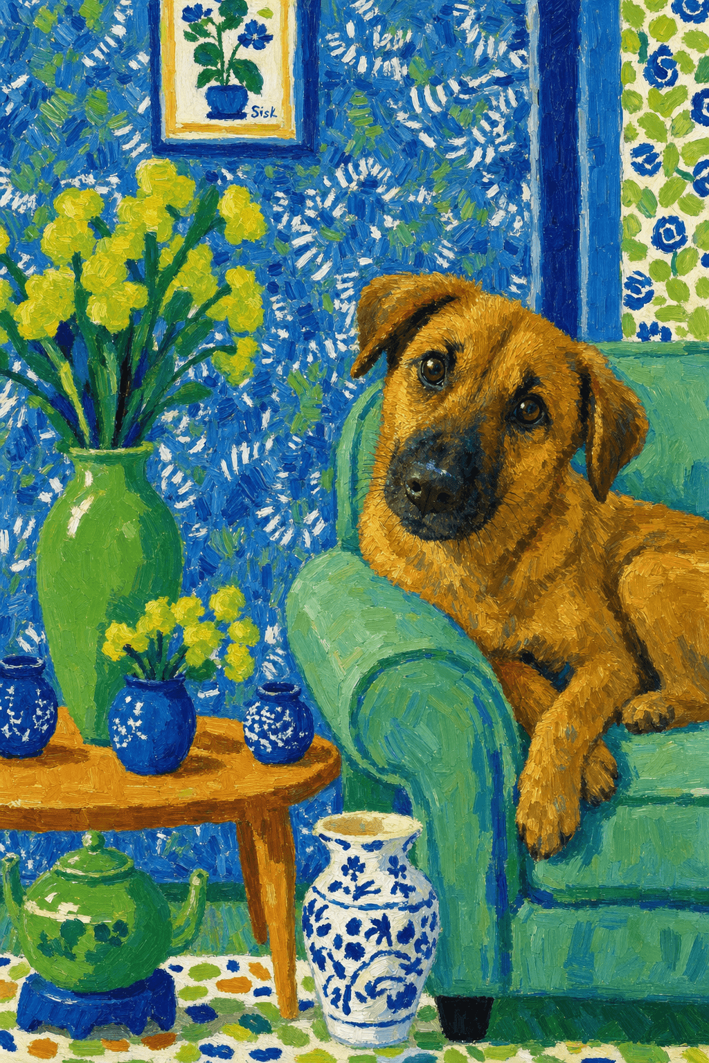 A pet lazy lying on the couch, with head tilt on the edge of couch, eye looking at the the vase. paint in post-impressionism style. Use saturated, non-naturalistic colors and flattened perspective reminiscent of Henri Matisse. painterly and expressive, utilizing thick, confident strokes and quick, rhythmic marks that prioritize texture and visual energy over realistic blending or depth.