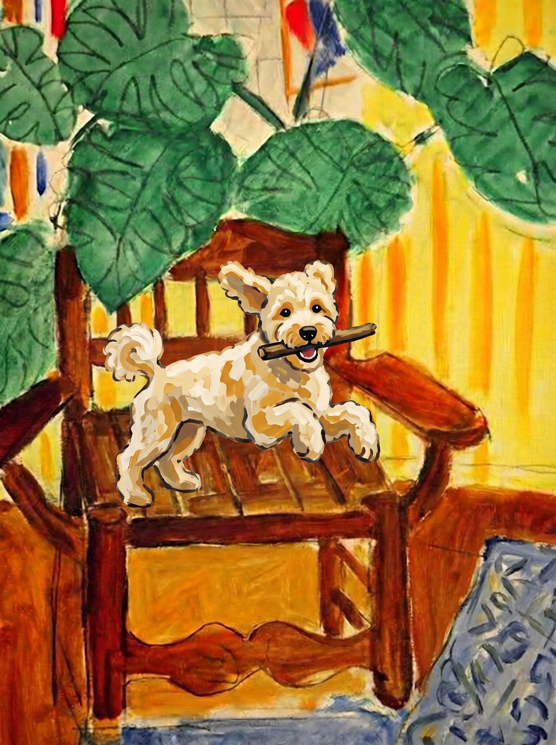 A pet sitting on a brown chair, looking at the viewer. Art Style: Paint in Fauvism, post-impressionism style. Use simplified shapes, exaggerates color, and flattens perspective to create charm and personality.
Use saturated, non-naturalistic colors and flattened perspective reminiscent of Henri Matisse.
The brushwork is loose, visible, and painterly, with uneven strokes that give the surface texture and movement.
Paint with large areas of flat color patches, simplified shapes, bold decorative outlines, and minimal blending.
The composition is flattened and slightly distorted, with compressed perspective.
The painting is expressive, utilizing thick, confident strokes and quick, rhythmic marks that prioritize texture and visual energy over realistic blending or depth.