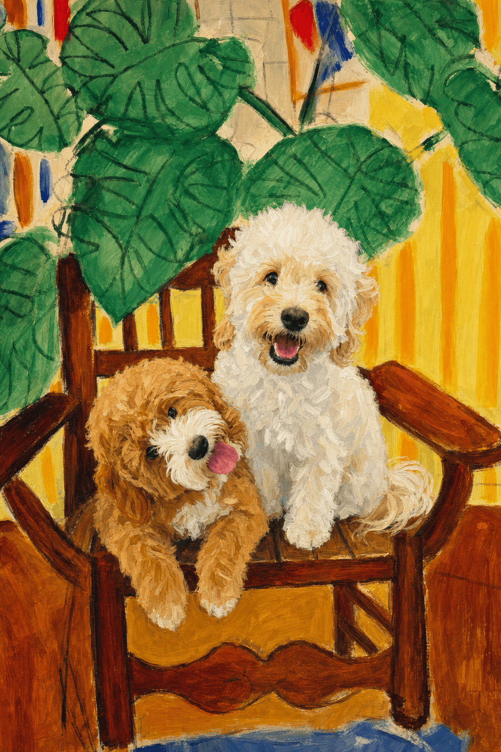 A pet sitting on a brown chair, looking at the viewer. Colors are applied with minimal blending, creating a flat, illustrative feel. The brushwork is broad, rapid, and direct. Strokes are loose, visible, applied thinly, defining the forms quickly without building up significant physical texture or impasto on the surface.
